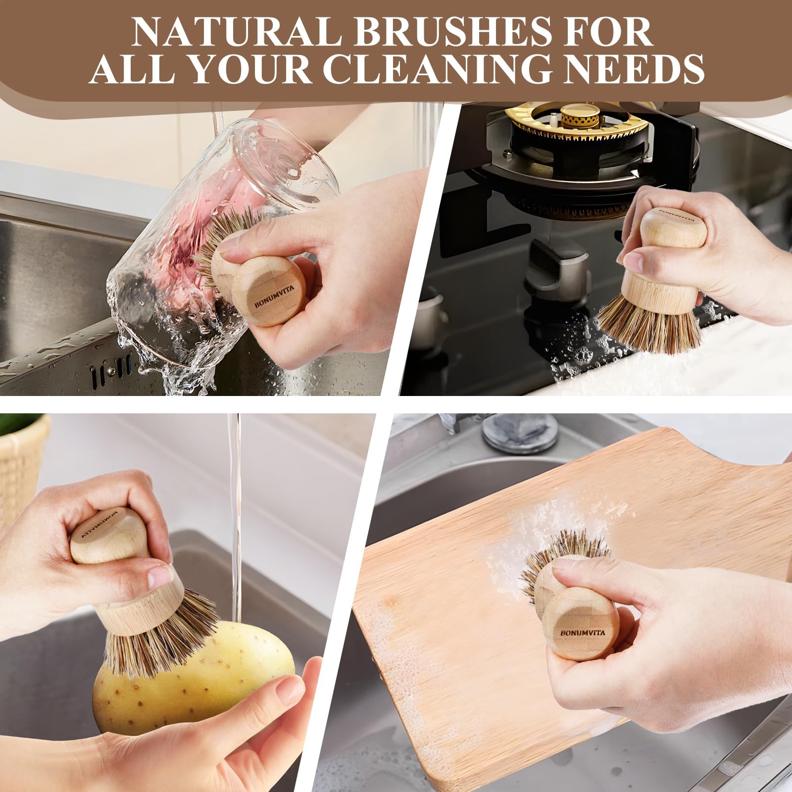 Bamboo Dish Brush Set,4 Pack Kitchen Palm Pot Brush with Union Fiber, Natural…