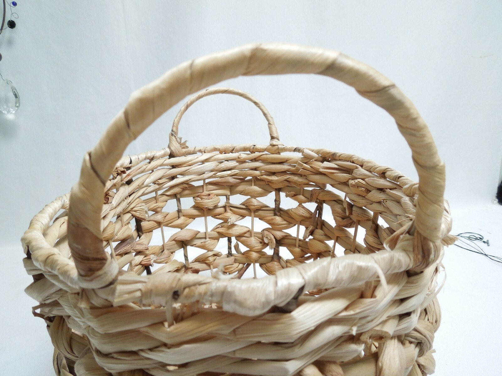 Large Woven Straw Basket with Metal Frame and Handles for Fruits & Vegetables