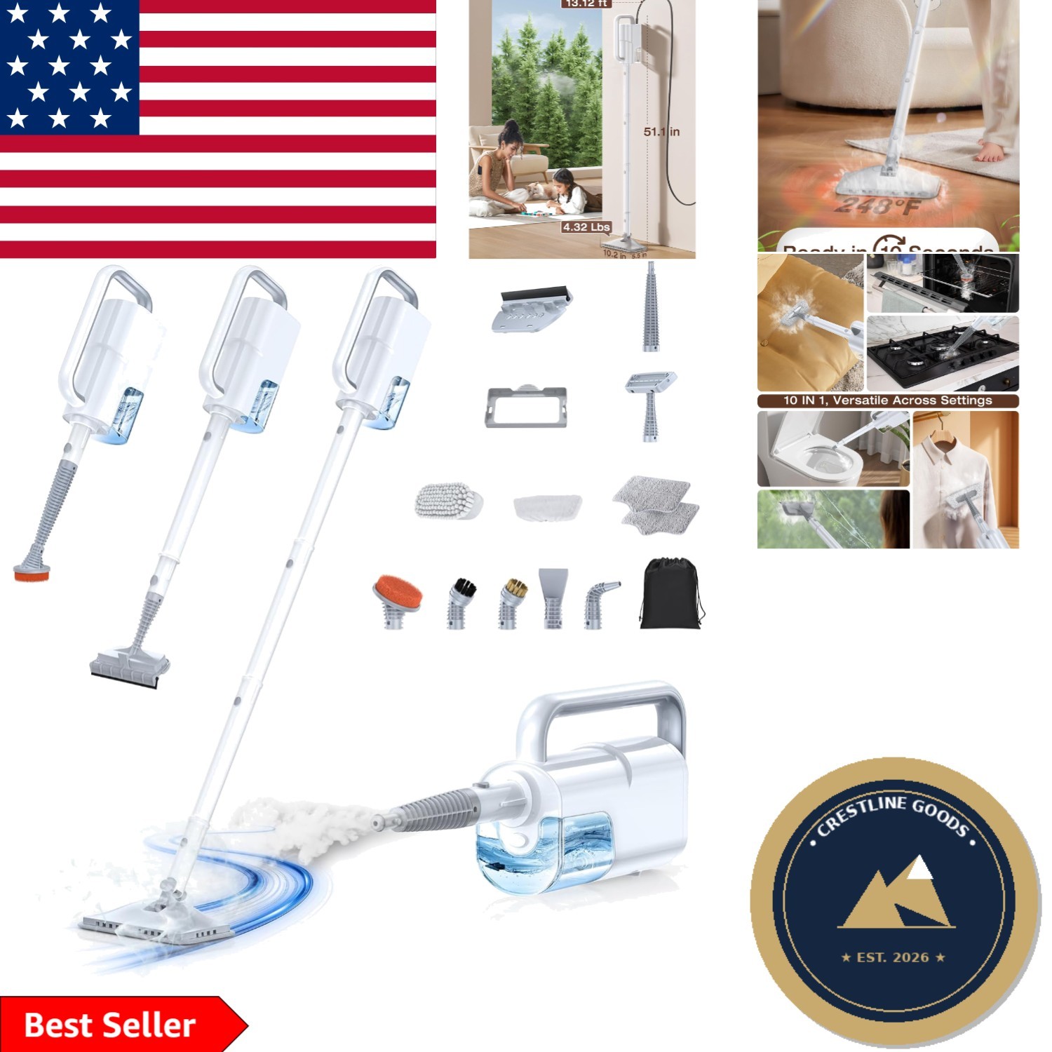 10-in-1 Steam Mop & Handheld Cleaner, 350ml Tank, 10s Heat-Up for Quick Cleaning