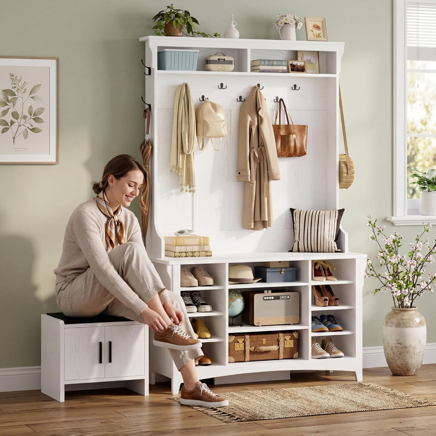 Hall Tree with Bench and Shoe Storage, 6-In-1 Entryway Bench with Coat Rack, Adj