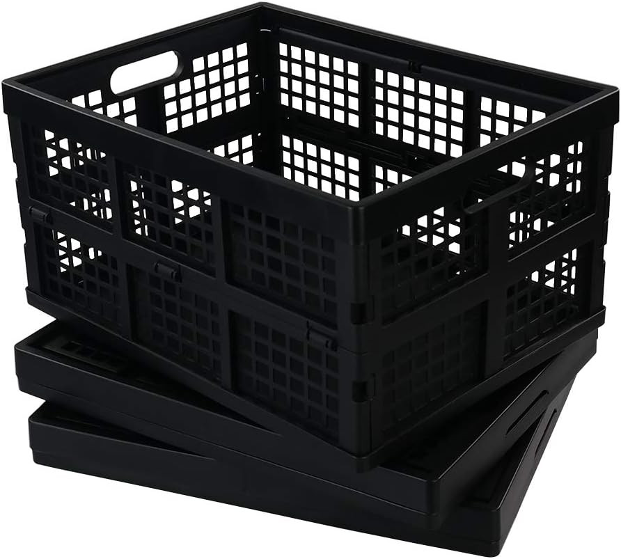 34 L Plastic Rectangular Collapsible Crates, Pack for 3, Black | Folding Crates