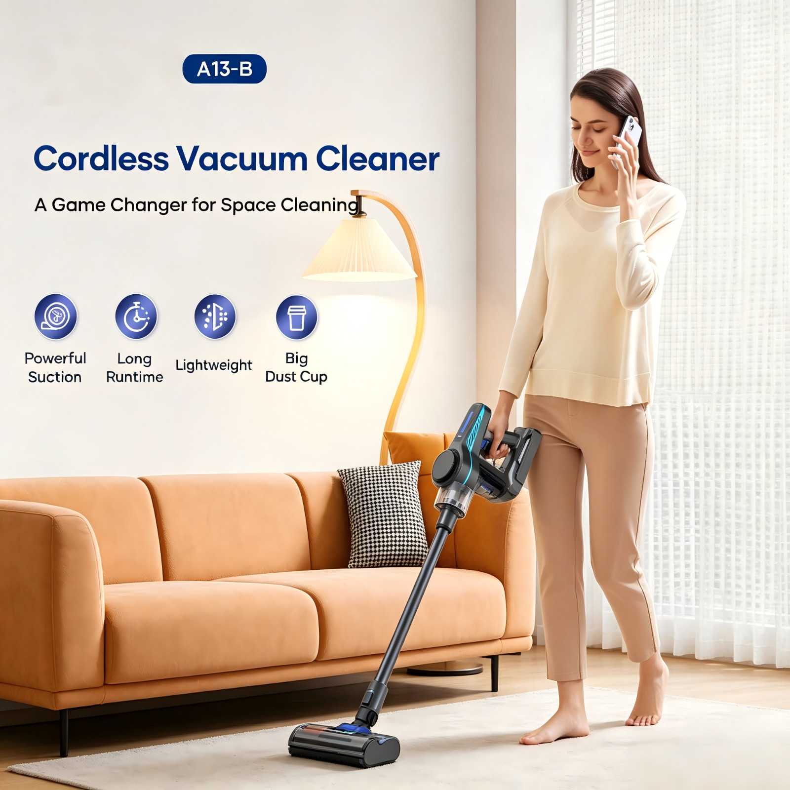 Cordless Vacuum Cleaner 55KPa Lightweight Pet Hair Hardwood Carpet Stick 1.5L