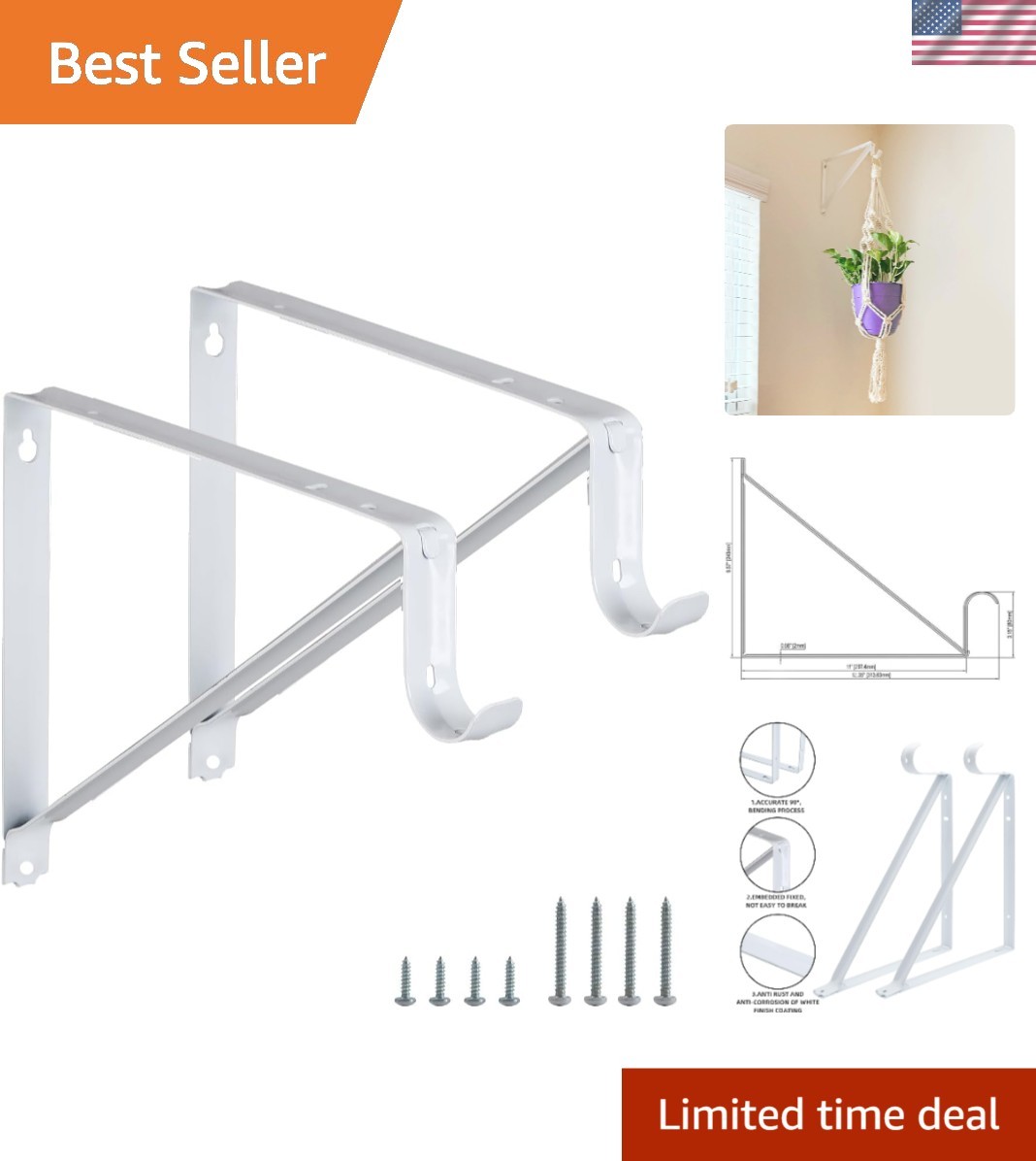 Elegant White Wall-Mounted Brackets for Shelves and Rods – 2 Pack, 11×9.5 in