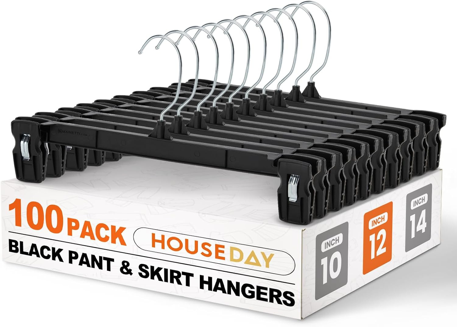 Black Pants Hangers 50 Pack, 12 Inch Skirt Hangers with Non-Slip Big Clips and 3