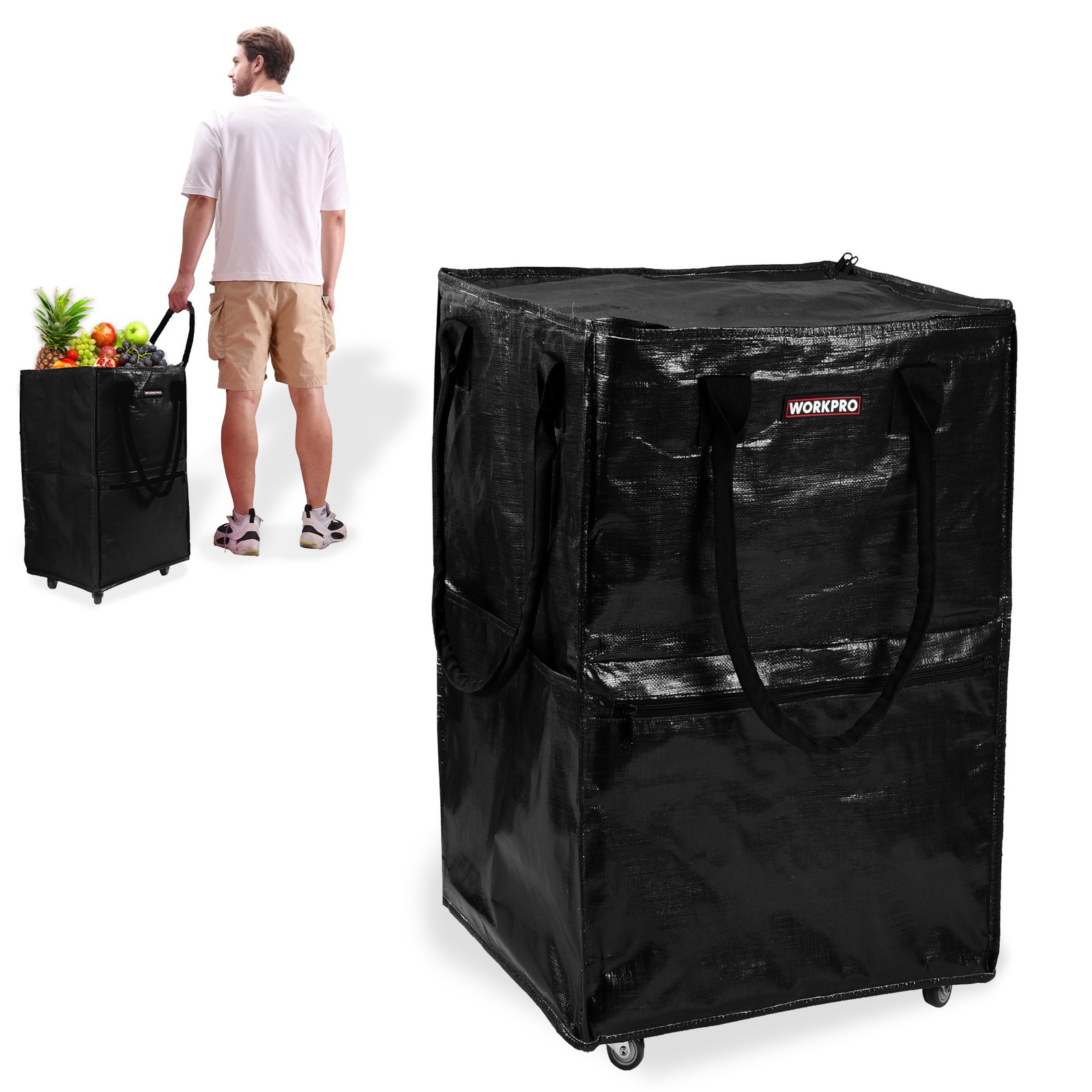WORKPRO Folding Trolley Reusable Grocery Bag Heavy Duty Roll Wheels Shopping Bag