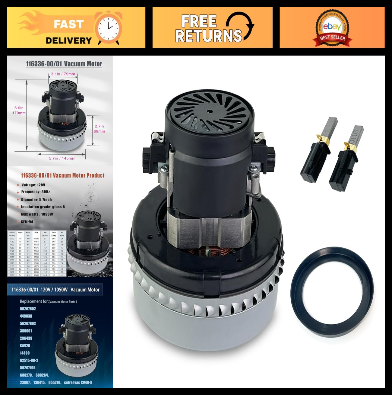 Powerful 120V Vacuum Motor 1050W 94CFM 2 Stage with Gasket & Brushes, Fits Multi