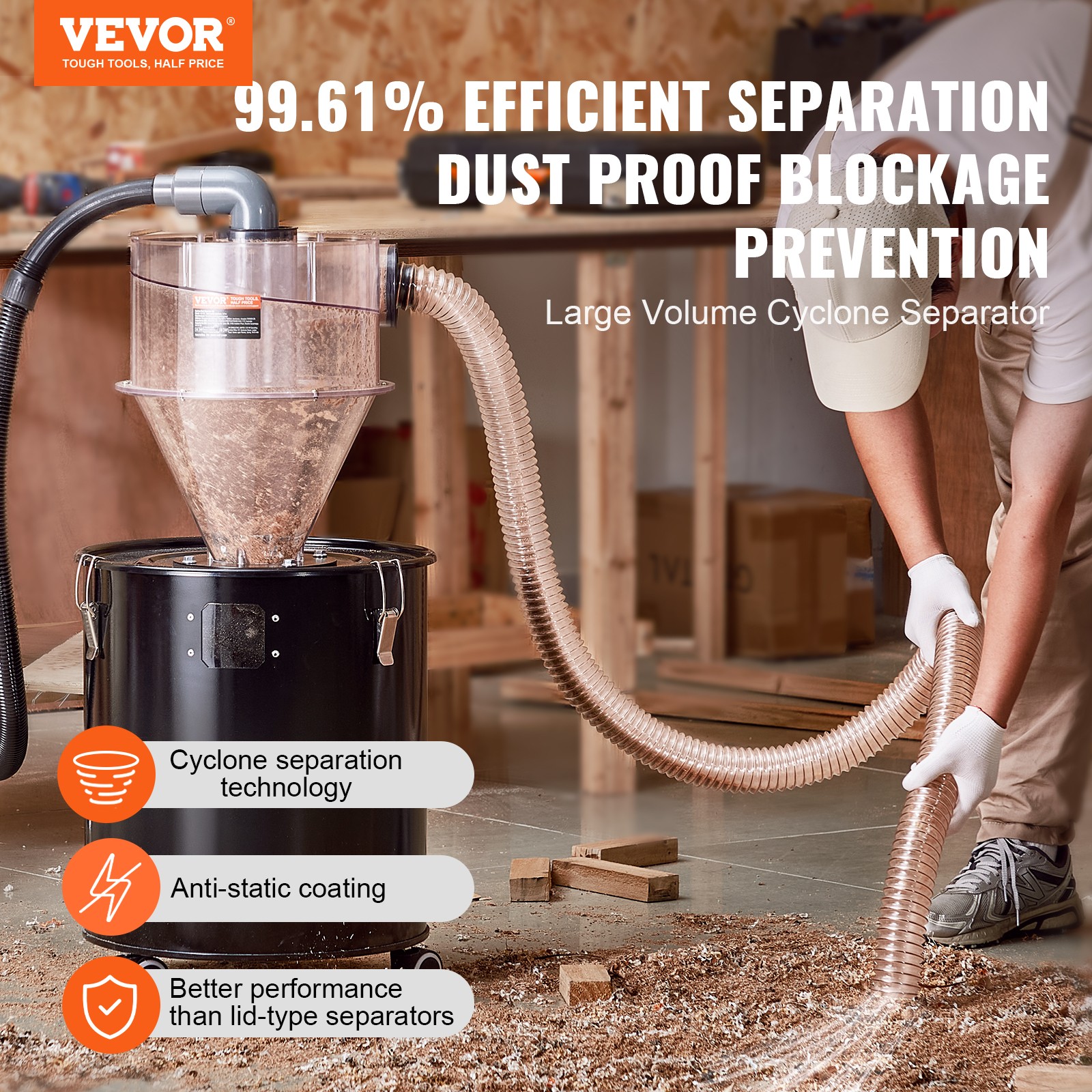 VEVOR Cyclone Dust Separator w/ Tank Vacuum Cleaner Separator 4″ for 13 Gal Tank