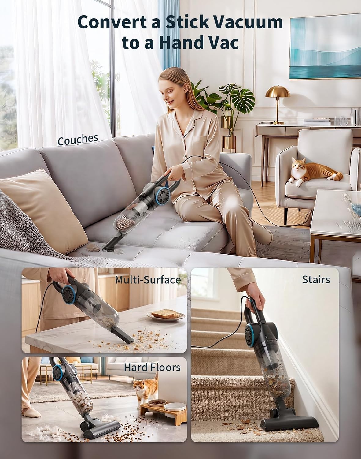 Corded Vacuum Cleaner, 600W 25Kpa Powerful Stick Vacuum for Home Pet Hair | 2-In