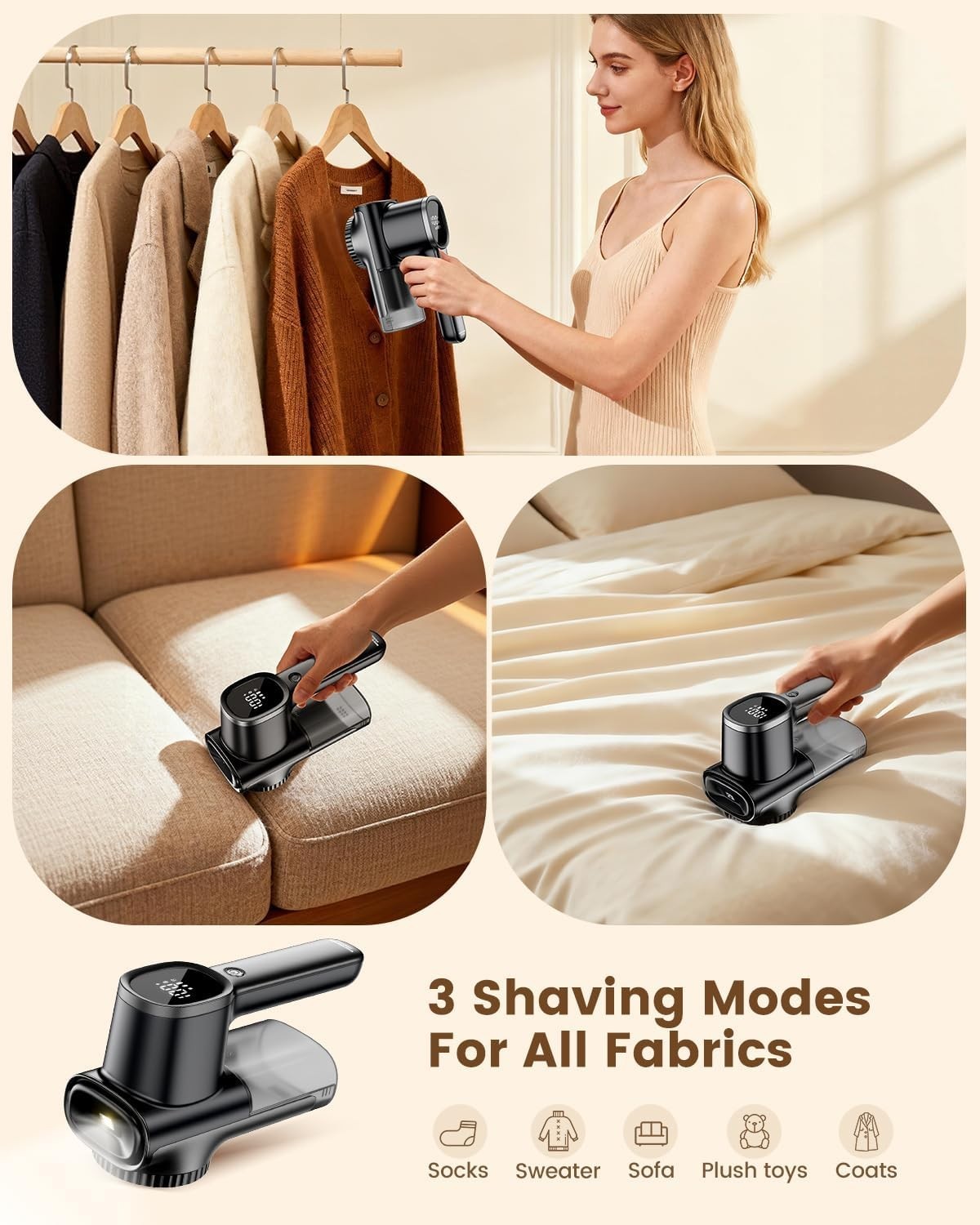 3D 6-Blade Rechargeable Lint Remover with LED Display & 180 Min Runtime