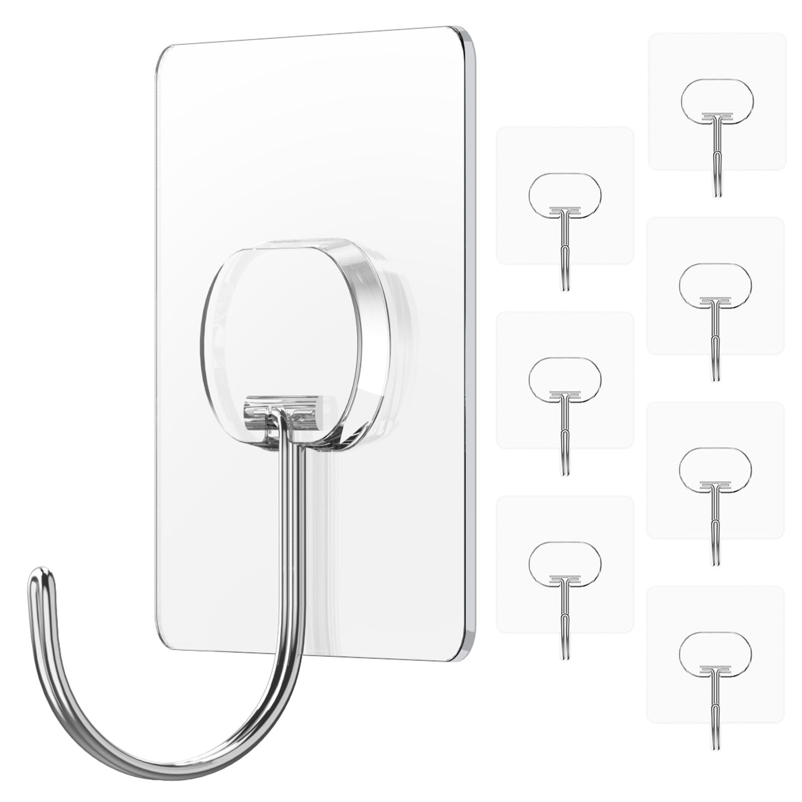 Heavy Duty No Drill Adhesive Wall Hooks – 8 Pack, 13LB Max Load, Waterproof, Cle