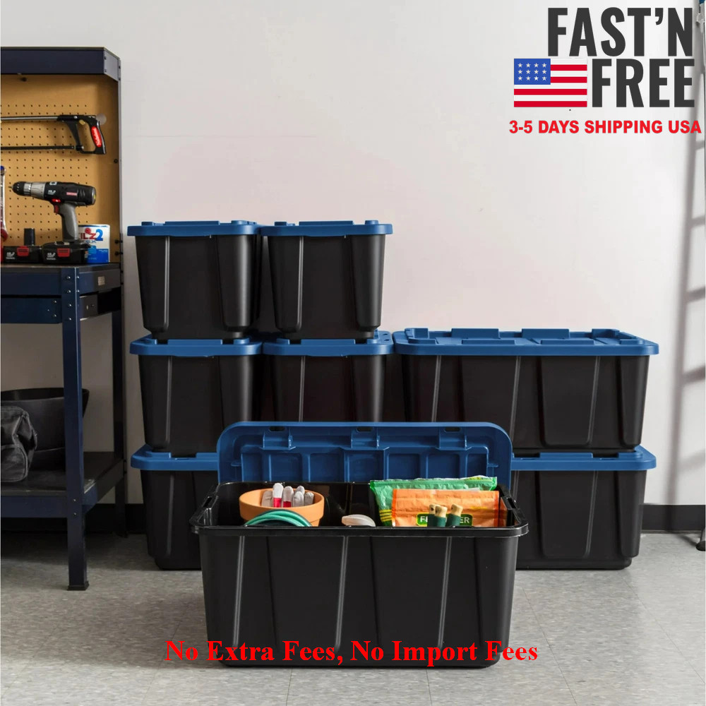 IRIS USA 12 Gal, Stackable Storage Totes, Plastic Bin with Lids, Black/Blue, 4PK