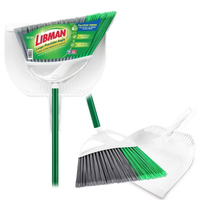 Large Precision Angle Broom with Dustpan: Steel Handle, Grip Handle, Hanging