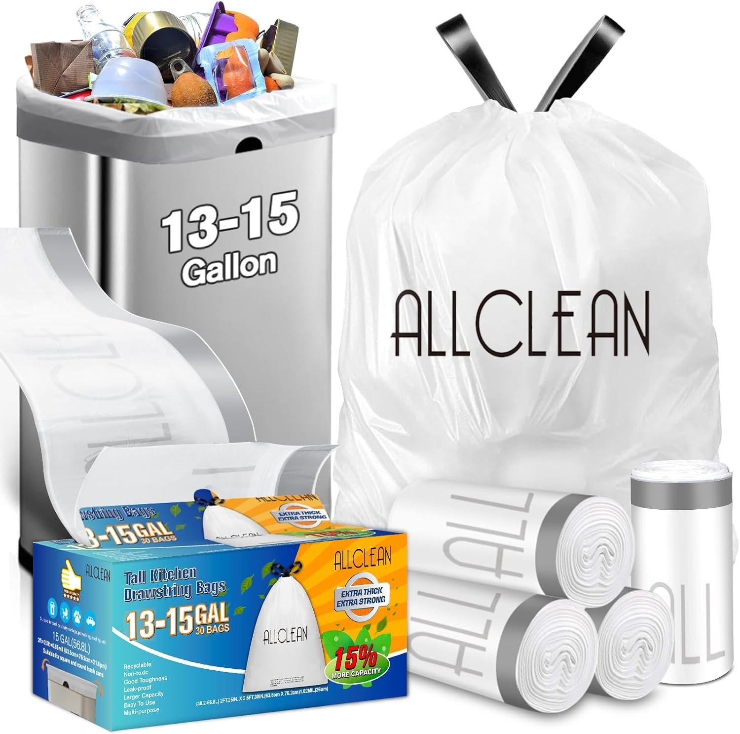 Allclean 13-15 Gal Trash Bags 30ct Drawstring Kitchen Garbage Liners Strong