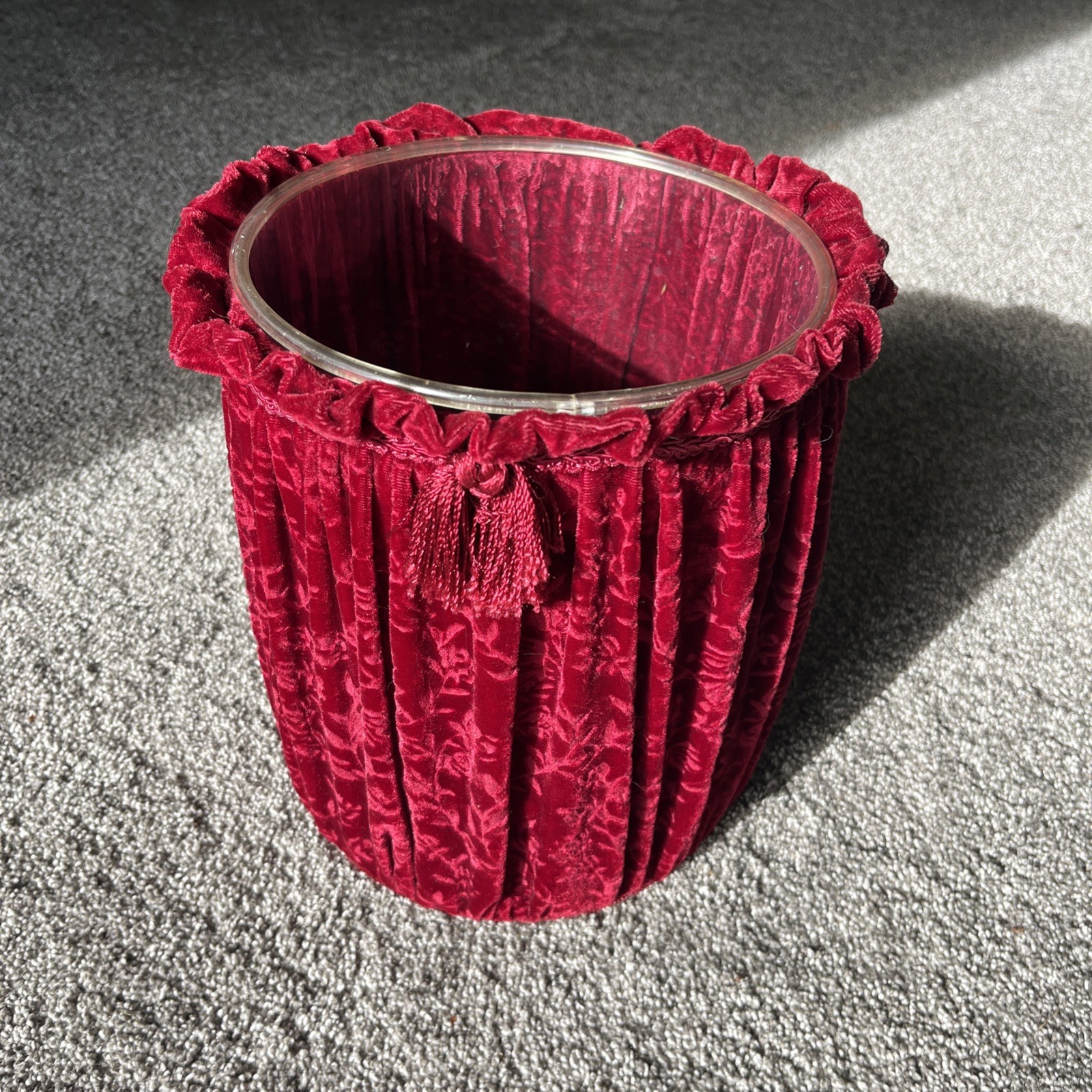 Vintage Burgundy Burnout Velvet Tassel Waste Basket Trash Can w/ Plastic Liner