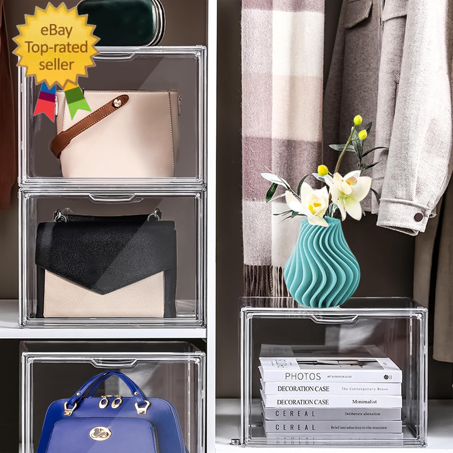 4 Packs Clear Plastic Handbag Storage Organizer for Closet, Acrylic Display Case