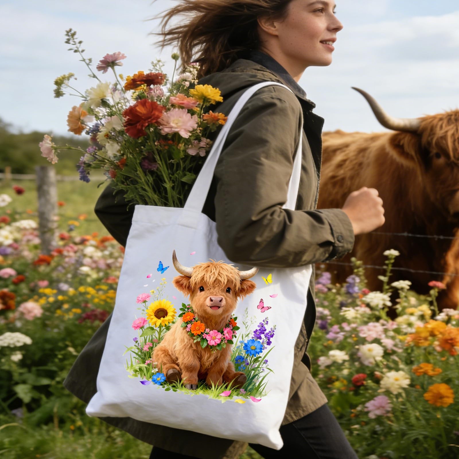 Reusable Durable Floral Highland Cow Canvas Tote Bag, Zippered Shoulder Women’s