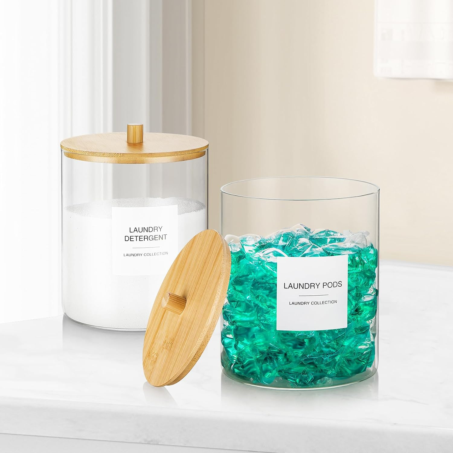 Glass Jars for Laundry Room Organization, Laundry Pods Container with 27 Labels,