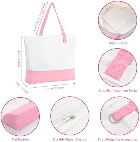 1 Pack Canvas Tote Bag with Zipper, Large Reusable Grocery Tote, Pink | Blank ba
