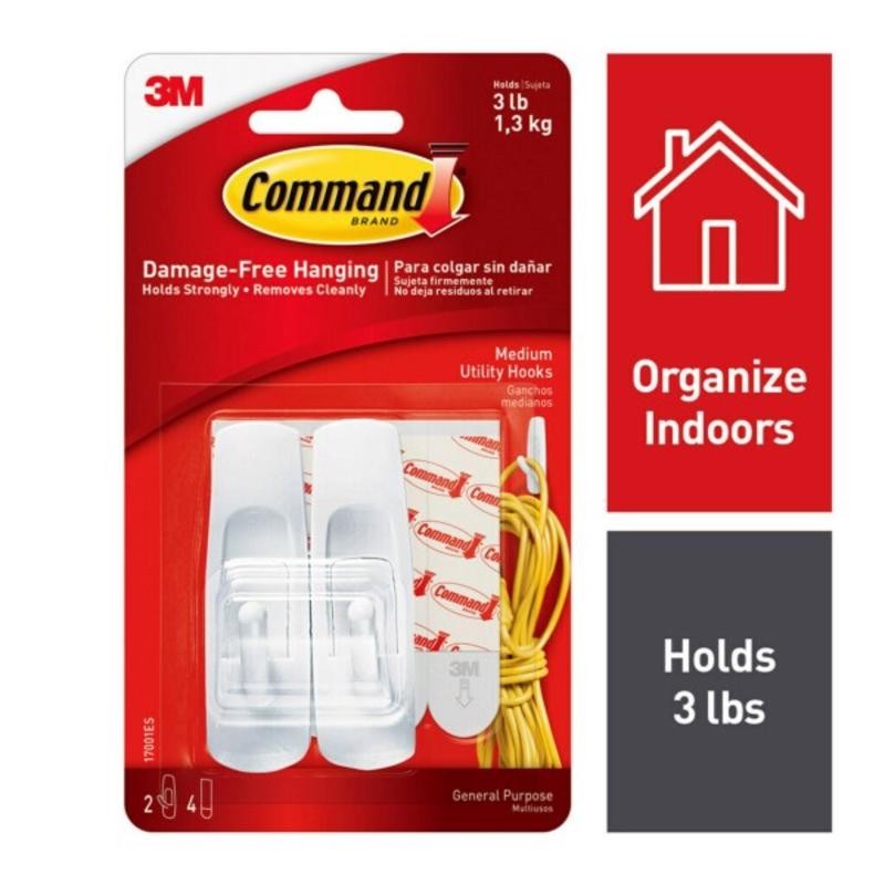 3M 17001ES Command White Damage-Free Utility Hooks Medium 3 lbs. Capacity