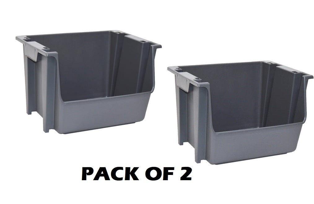 2PACK Mighty Tuff Large Nesting Stack Storage Bin, All, Plastic, Gray