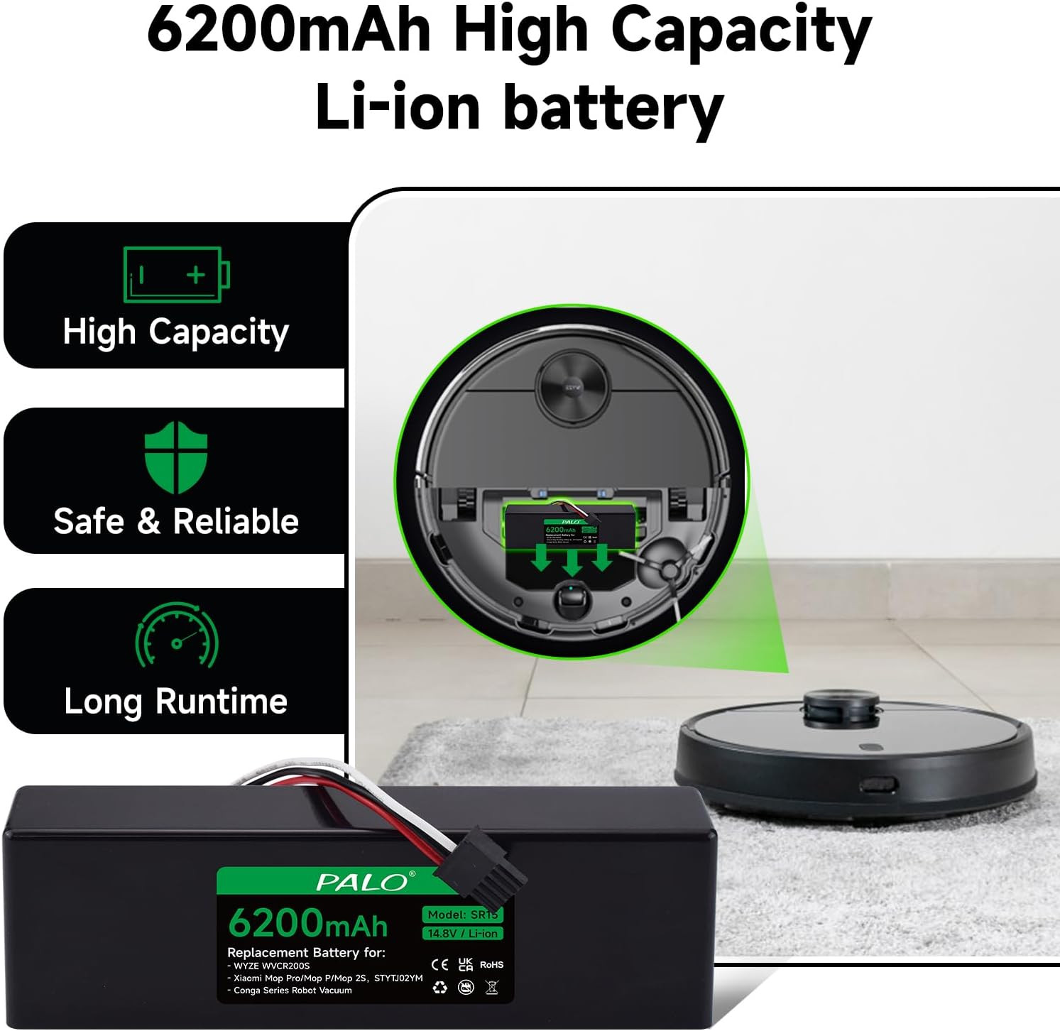 6200mAh Replacement Battery Compatible with Wyze Robot Vacuum Xiaomi Mop Haier