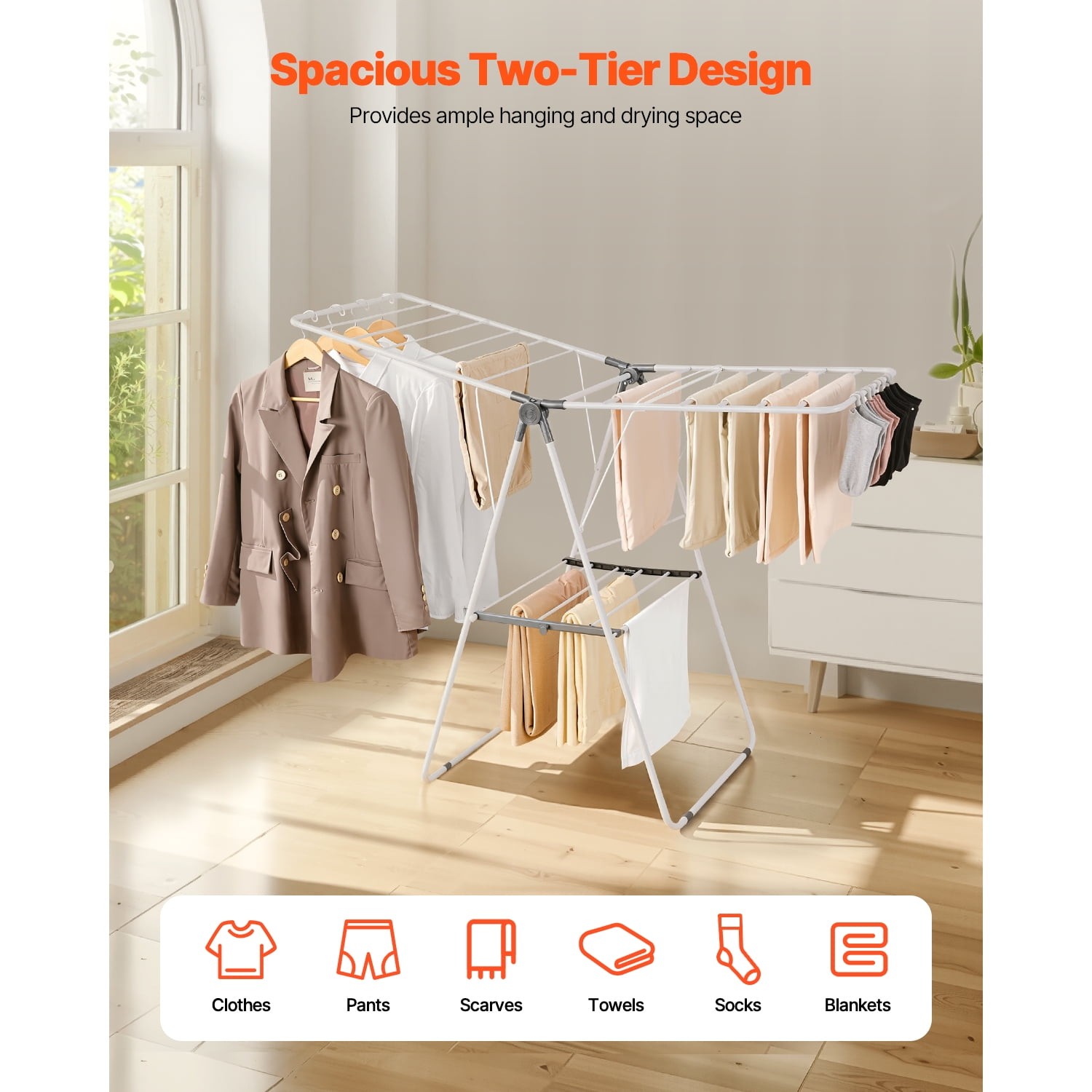 KFFKFF Foldable 2-Tier Clothes Drying Rack, Laundry Rack with Adjustable Height