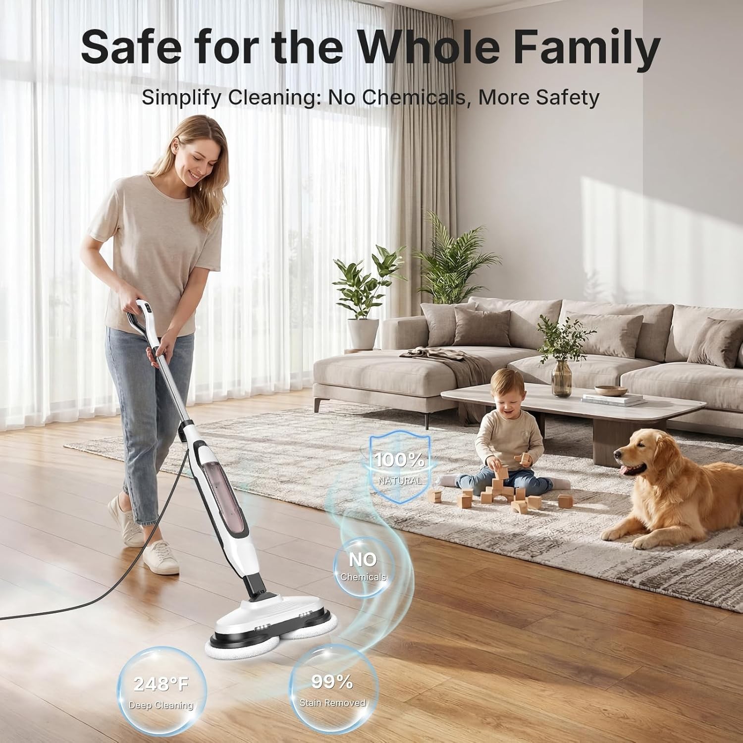OLIXIS Electric Steam Mop Floor Cleaner w/Rotating Pad&2 LED Light&4 Clean Mode