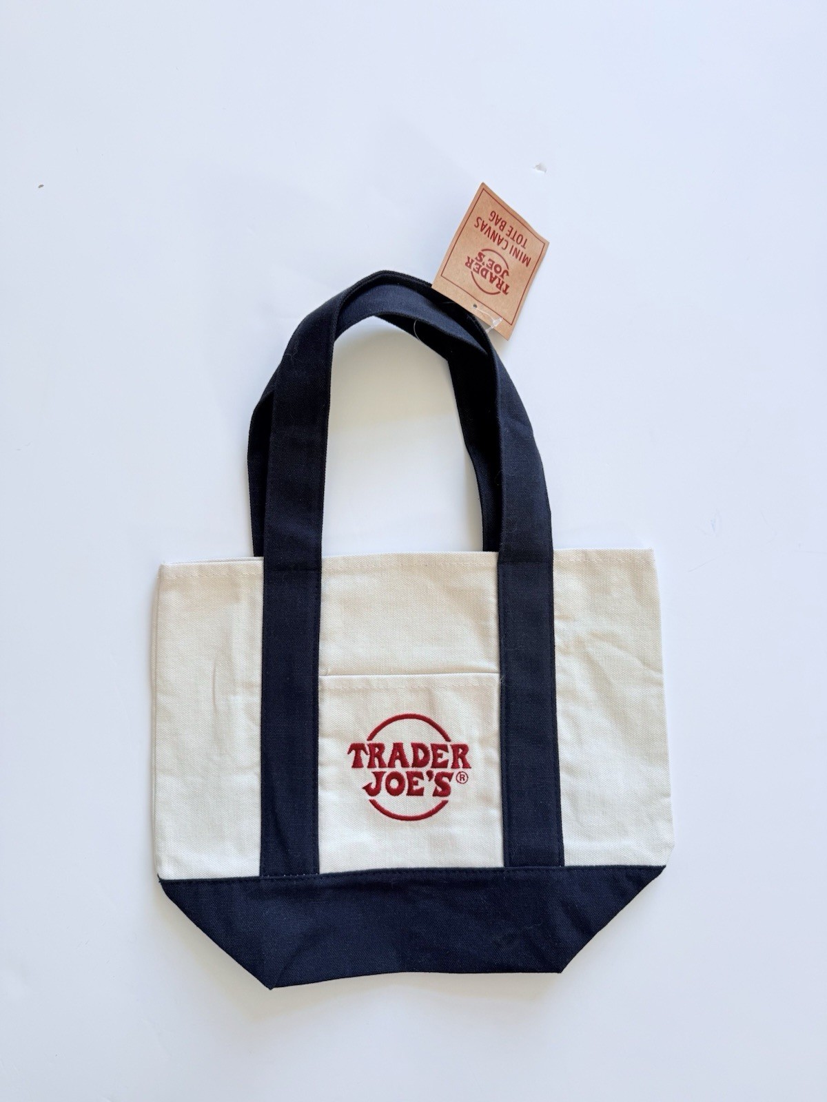 Trader Joe’s Navy and Cream Mini Canvas Tote Natural Logo Bag Rare Brand New