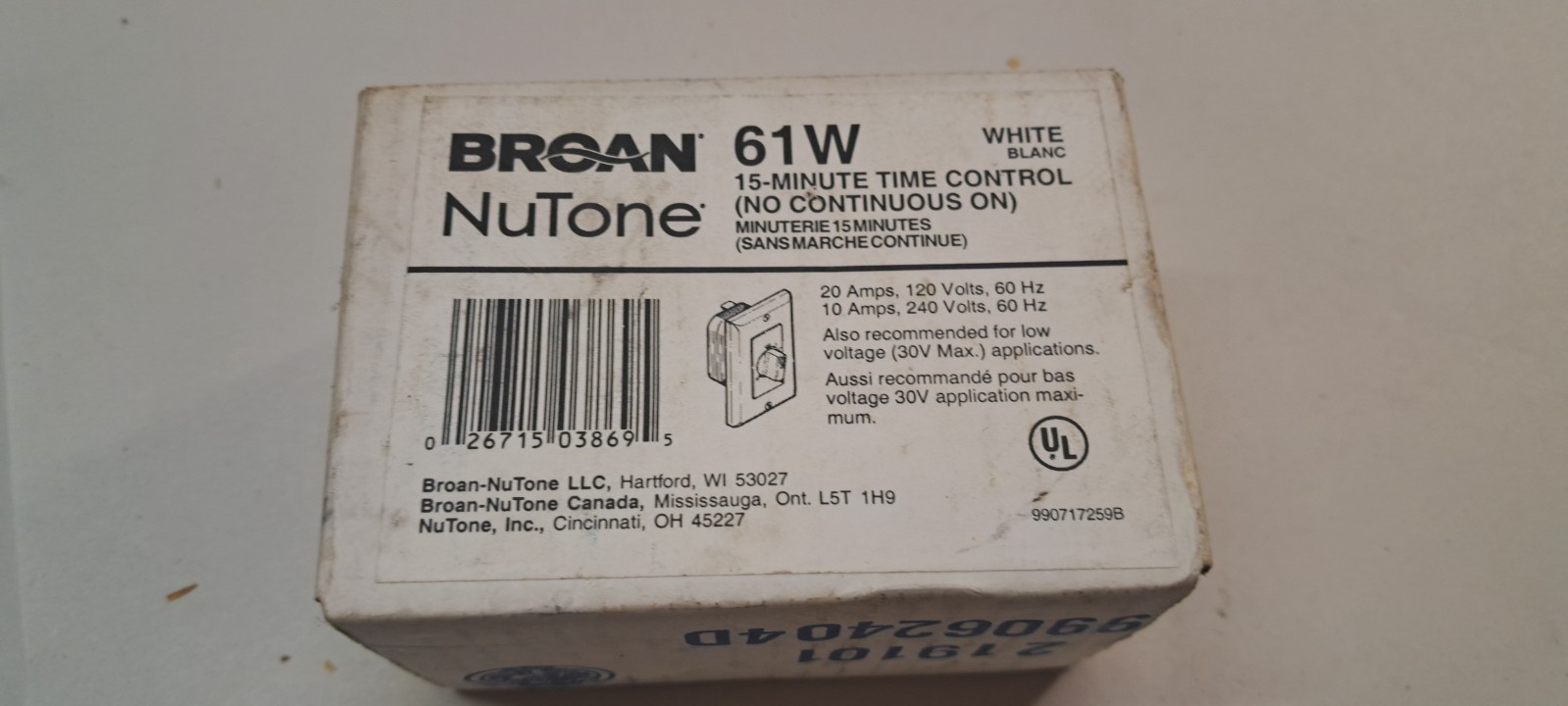 Broan-NuTone 15-Minute Time Control, 20/10 amps, 120/240V, White 61W