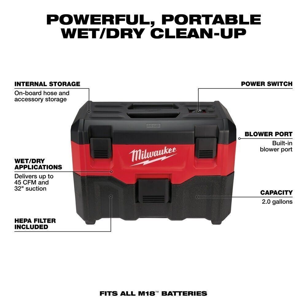 Milwaukee 0880-20 M18 2 Gallon Wet/Dry Vacuum NEW US