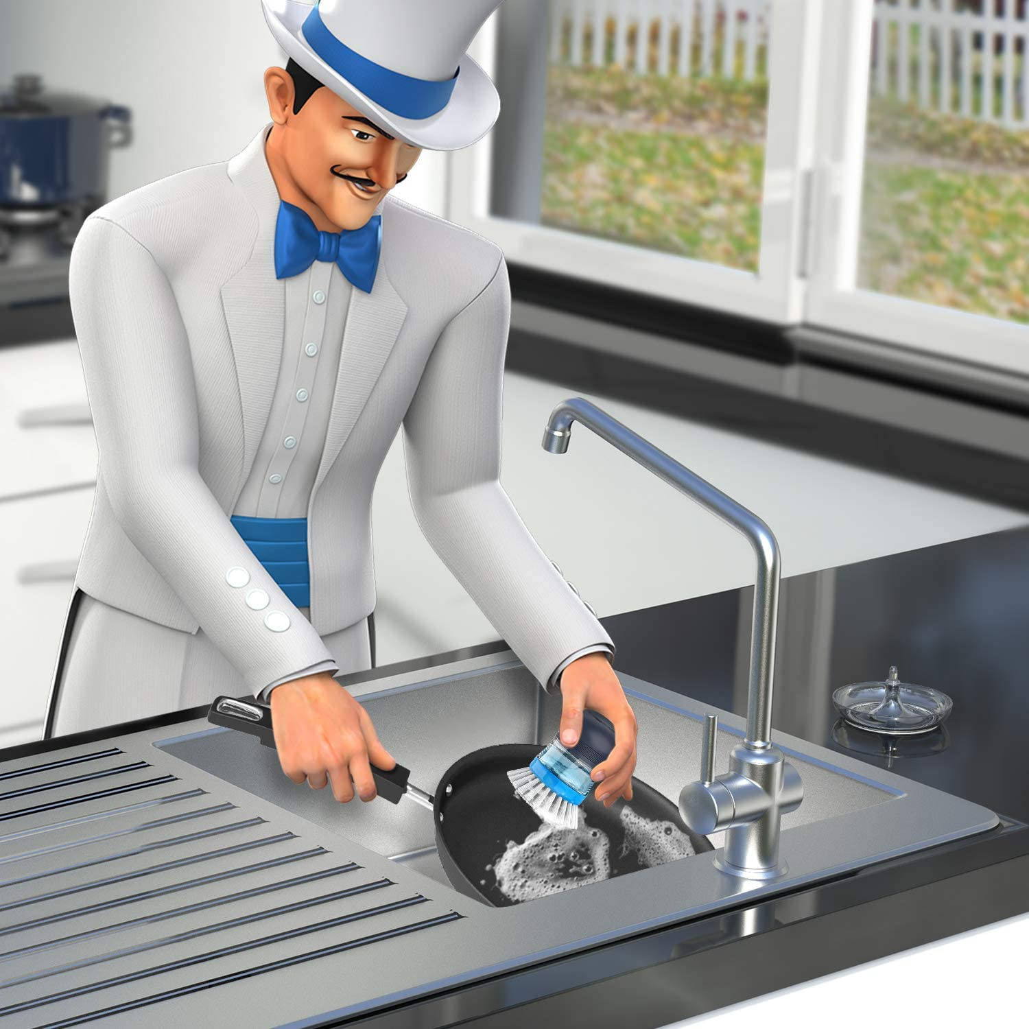 MR.SIGA Soap Dispensing Palm Brush Storage Set, 1 Pack, Navy/Blue | Dish Brush w