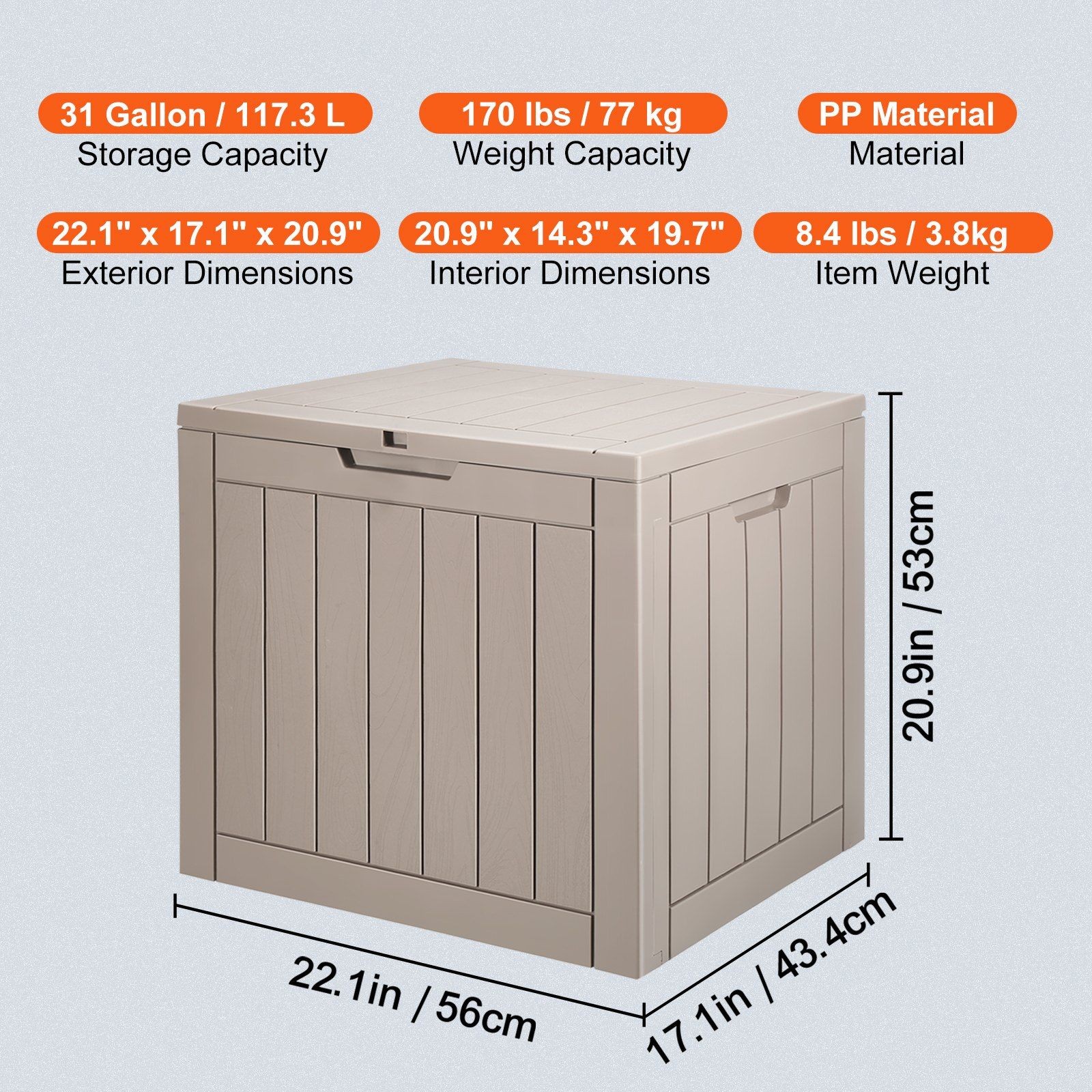 31gal snap-together outdoor storage box 22.09×17.09×20.87in grey PP
