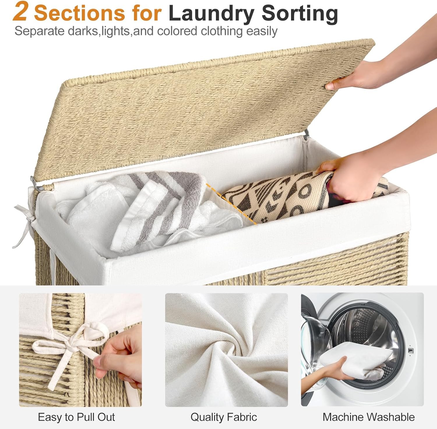 Double Laundry Hamper Lid Handwoven Rolling Laundry Basket W/ Wheels 115L
