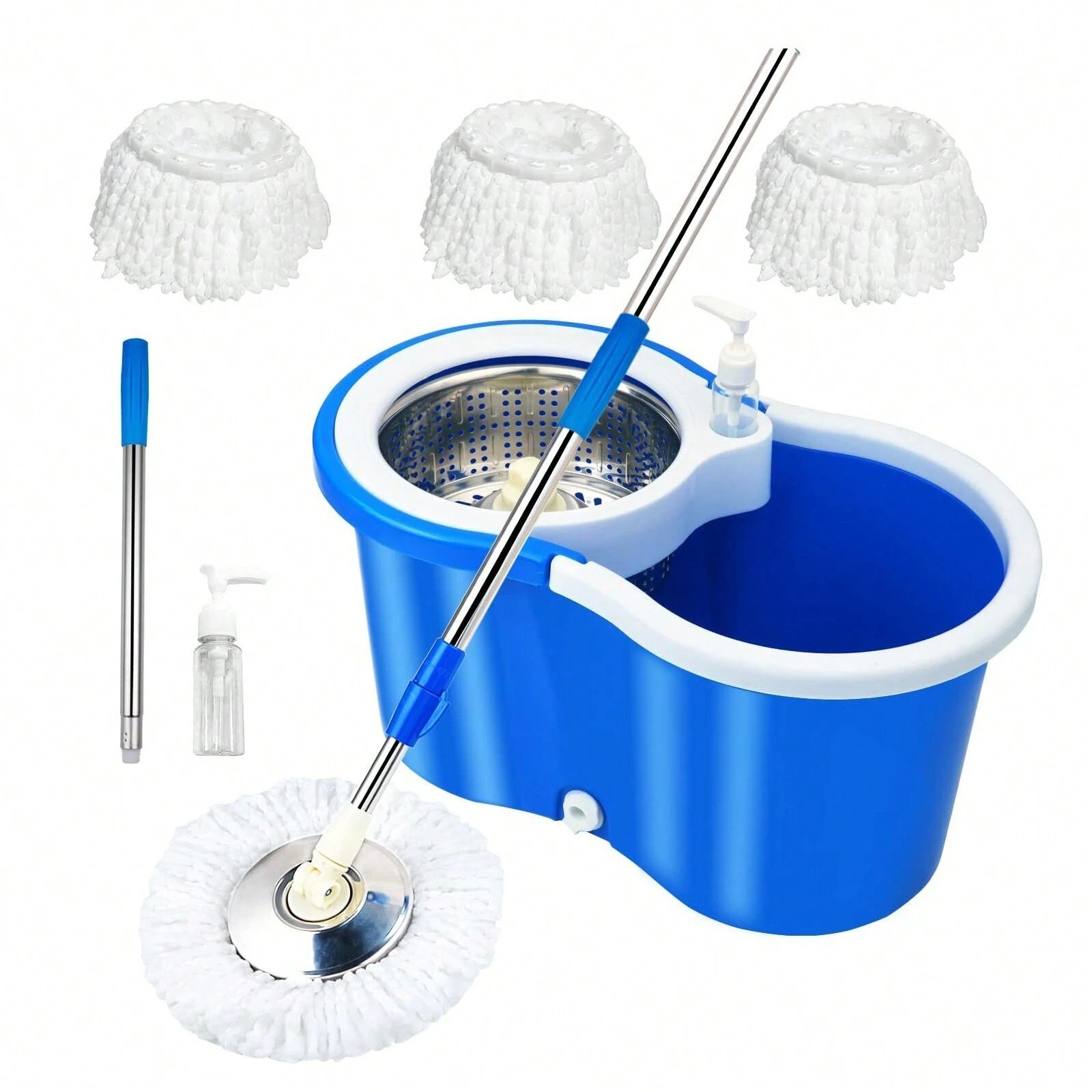 360° Spin Mop & Bucket Set w/ 3 Microfiber Heads, Stainless Steel Wringer
