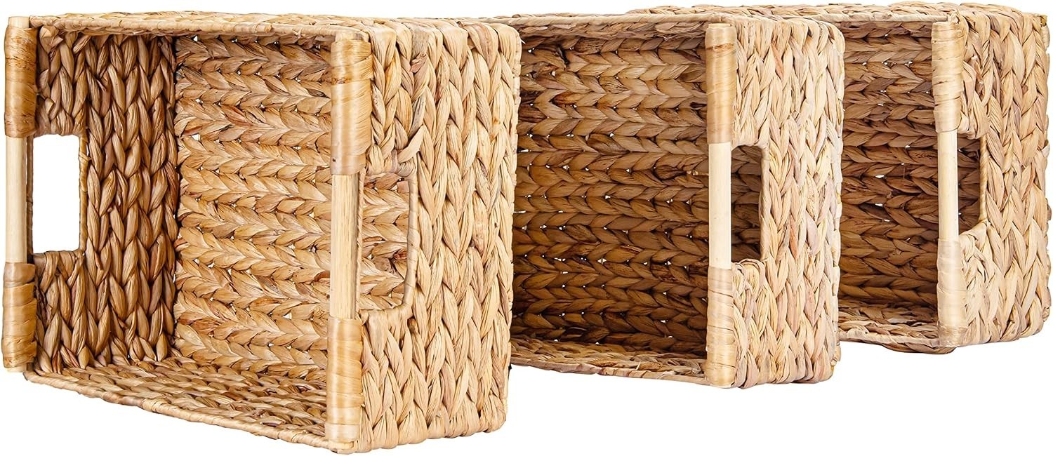 Elegant Water Hyacinth Wicker Baskets – Large Rectangular 3-Pack (14.5×10.3×7.5)