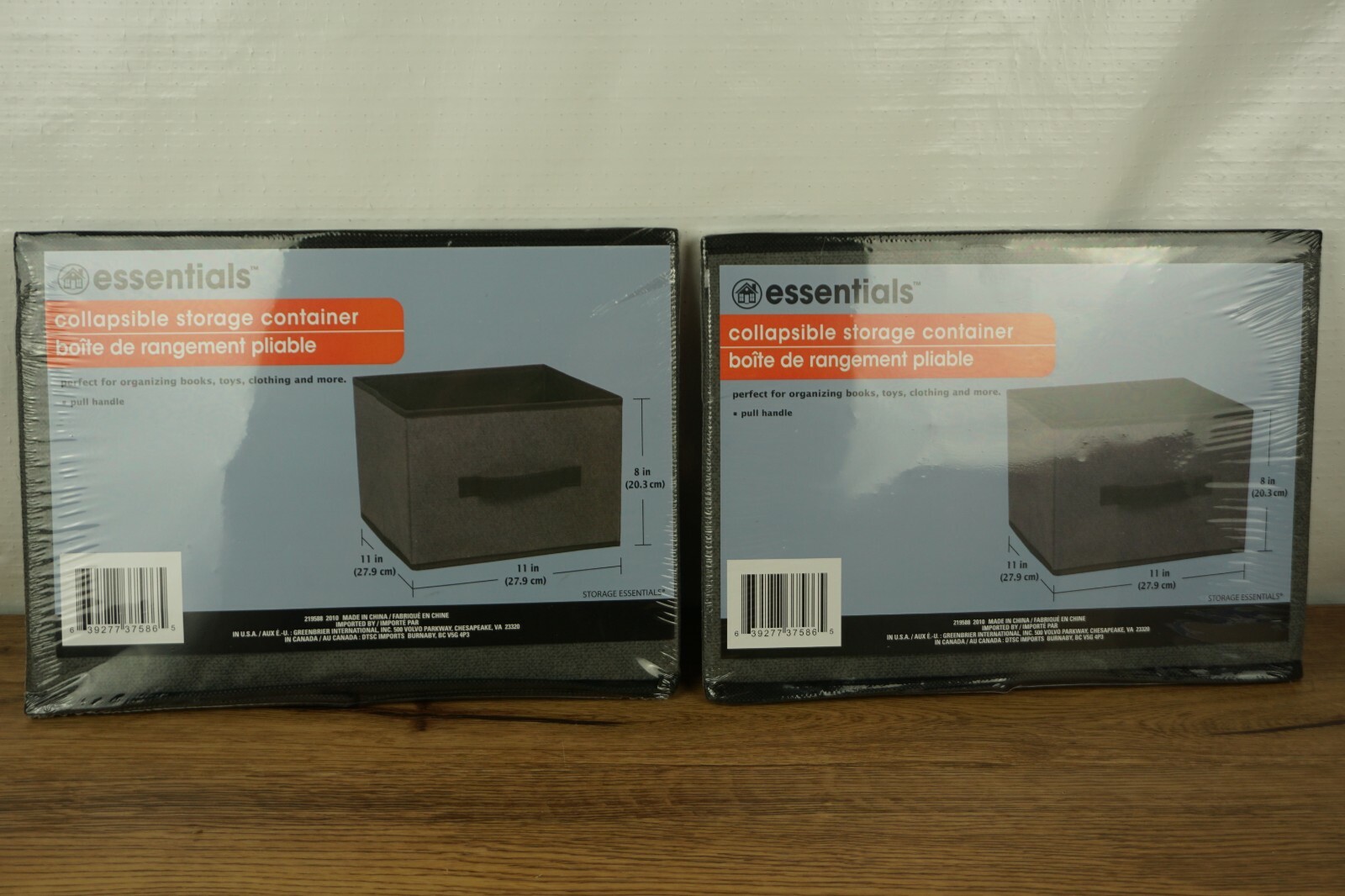 Set of 2 Essential Gray&Black Collapsible Storage Containers Handles: 11x11x8in