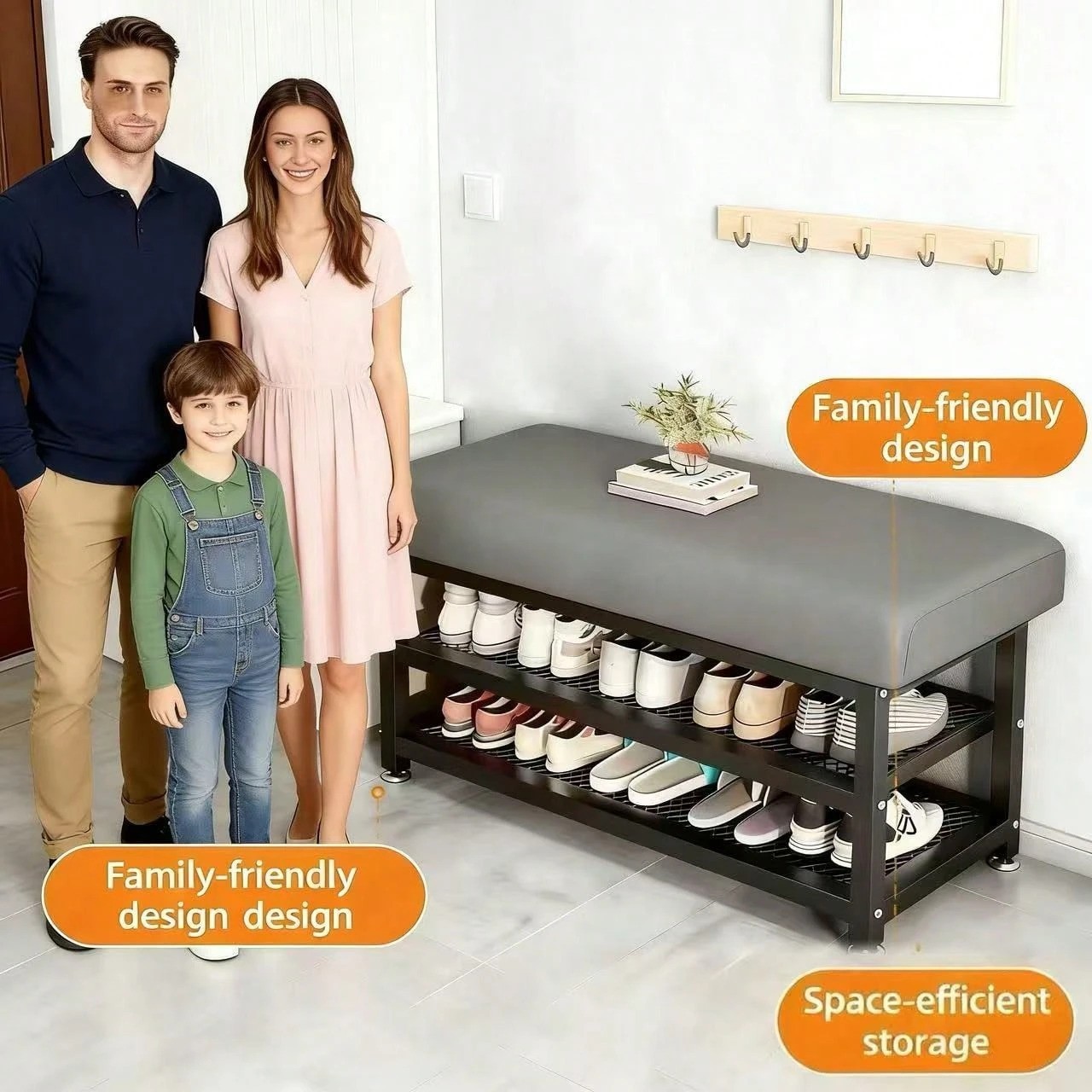 New Shoe Storage Bench Padded Seat Metal Rack Entryway Grey