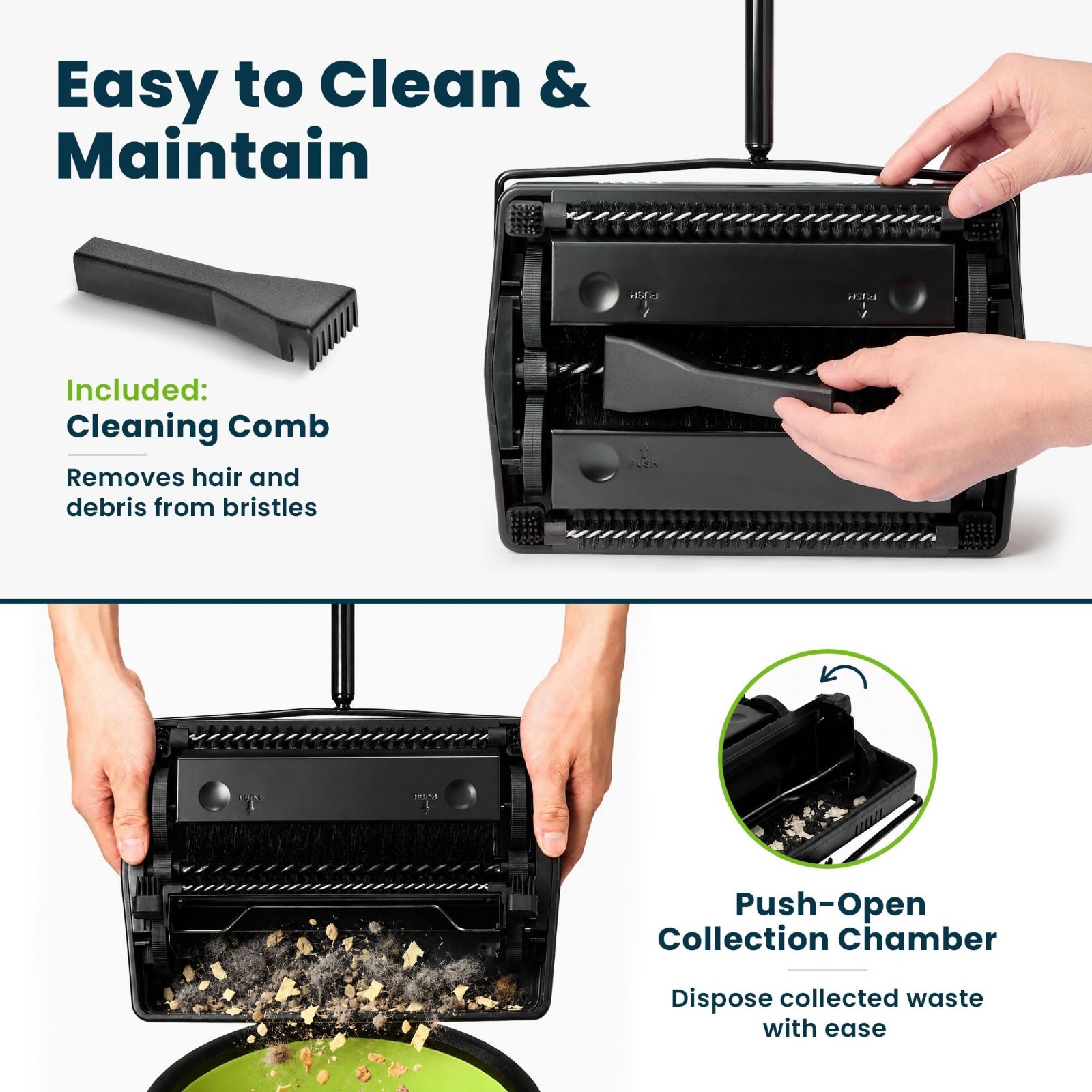 Manual Carpet Sweeper Triple Brush – Cordless Non-Electric Multi-Surface Cleaner