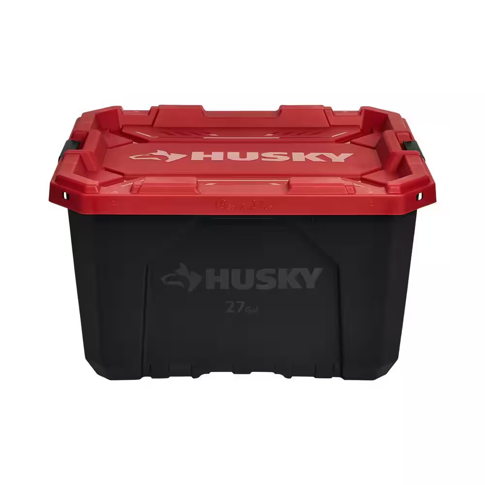 Husky 27 Gallon Storage Tote Bin Heavy Duty Stackable Lockable Lid Black Red