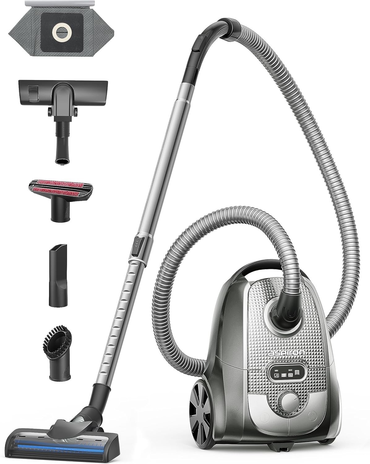 Aspiron Bagged Canister Vacuum Cleaner 1300W w/ Turbo Tool for Pets HEPA Filter