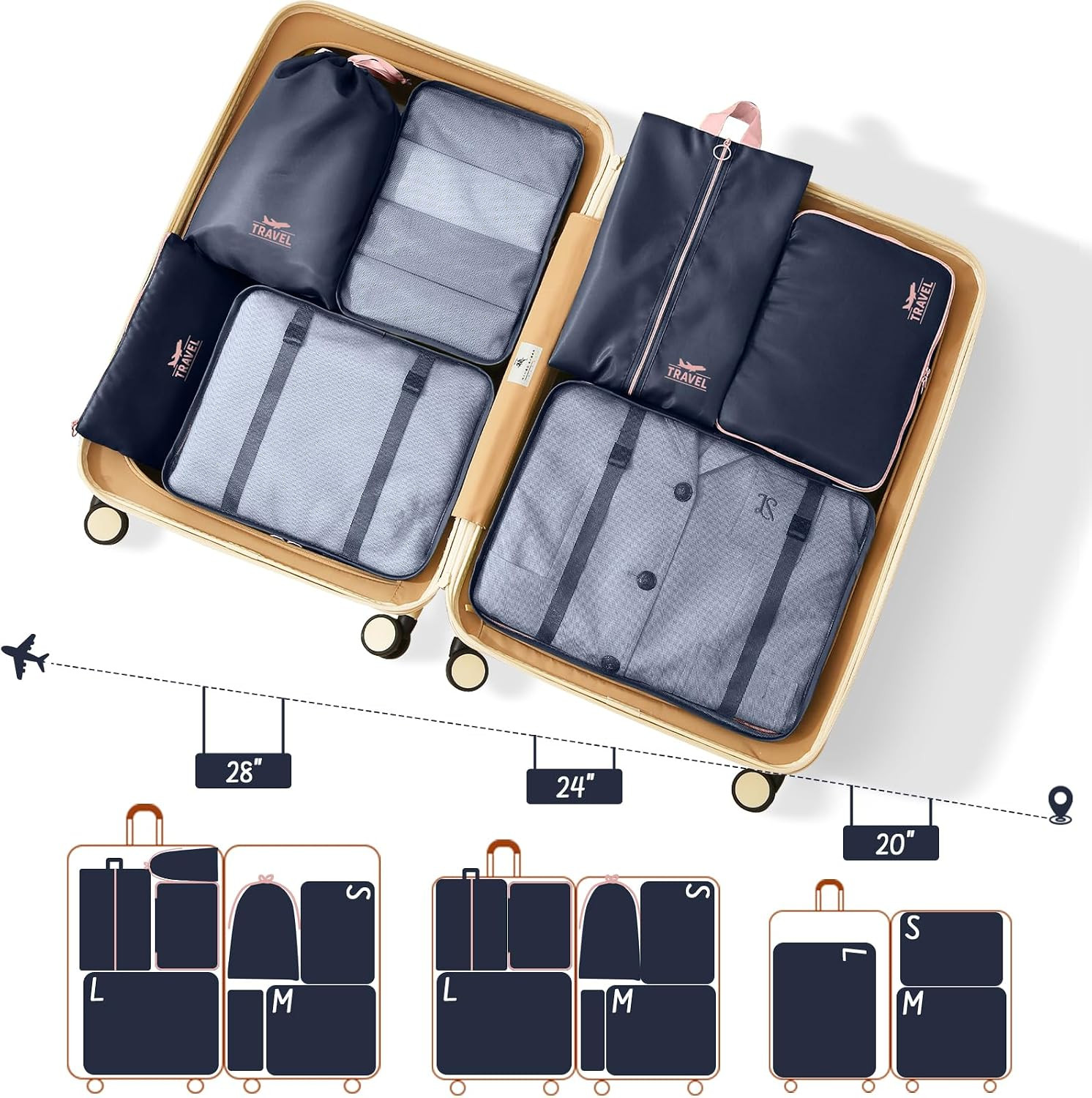 Travel Packing Cubes Set 8PCS Mesh Luggage Organizer Bags Navy Blue Mesh Design