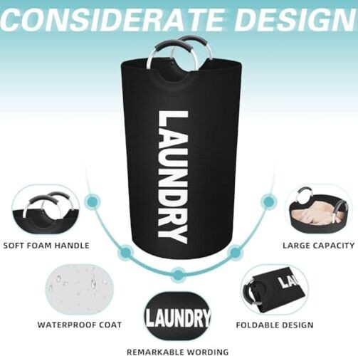115L Large Laundry Basket, Freestanding Tall Clothes Hamper, Foldable BLACK