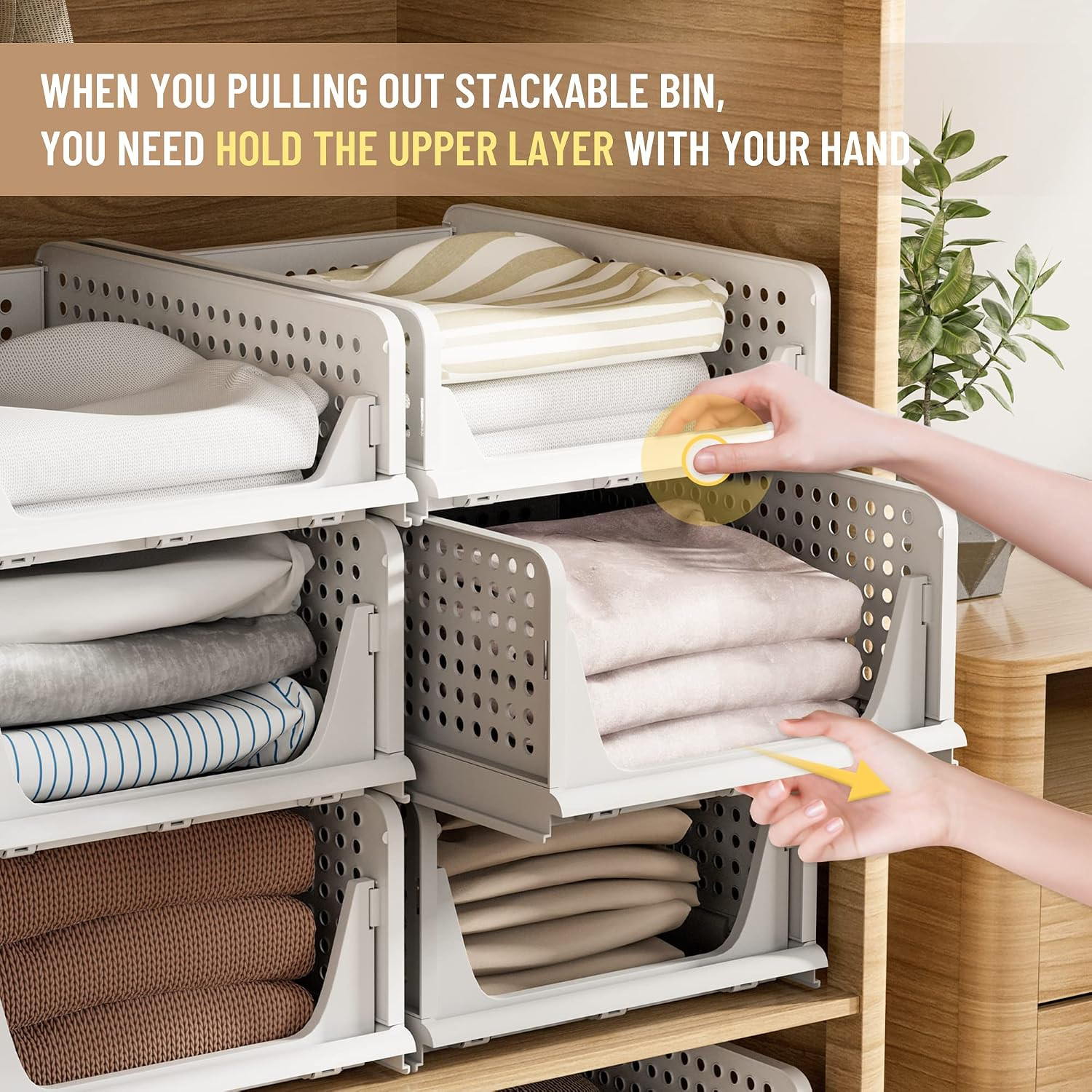 6 Pack Closet Organizer Storage Bins Plastic Stackable Foldable White for
