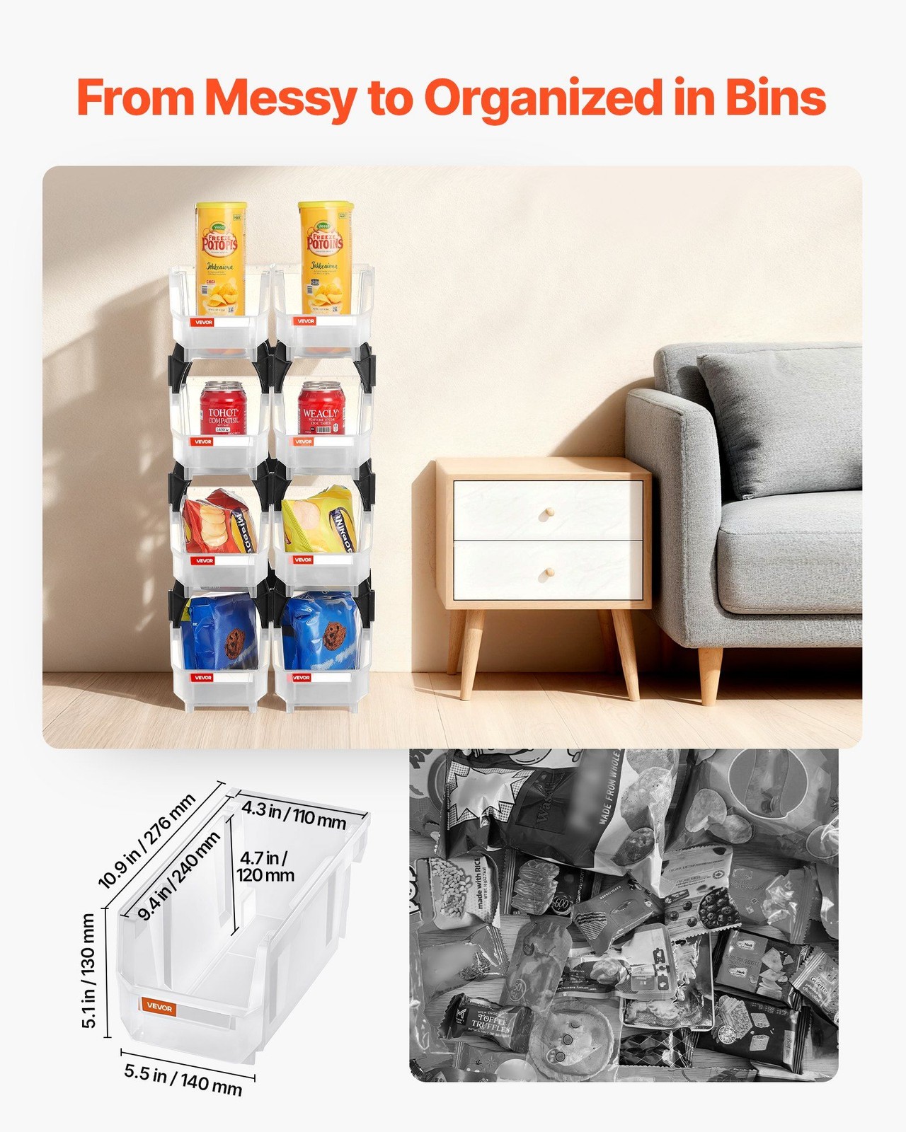 Stackable 10.9×5.5×5.1in Plastic 8-Pack Transparent Storage Bins