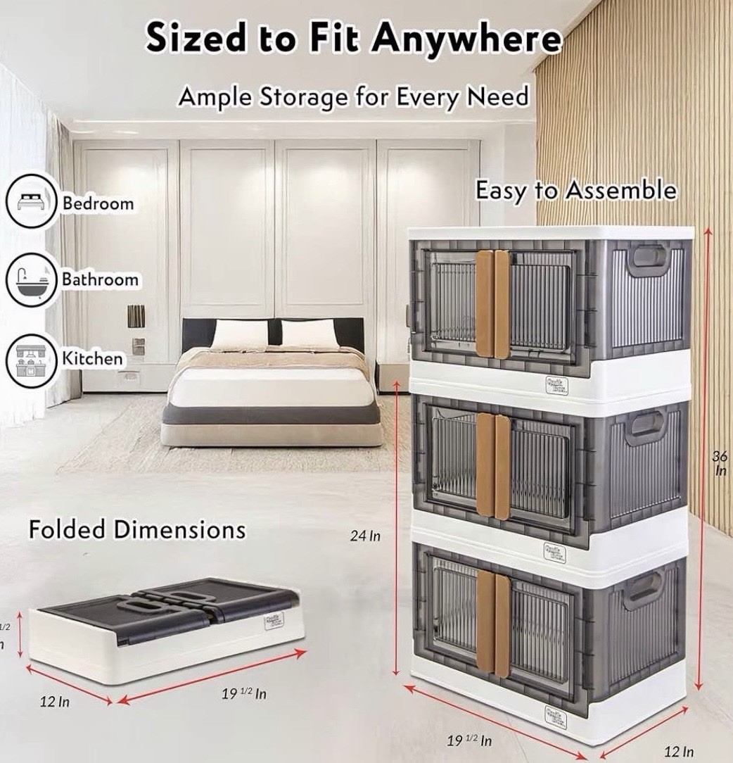HAIXIN 3 tier Foldable Stackable Plastic Storage Bins with Lids.