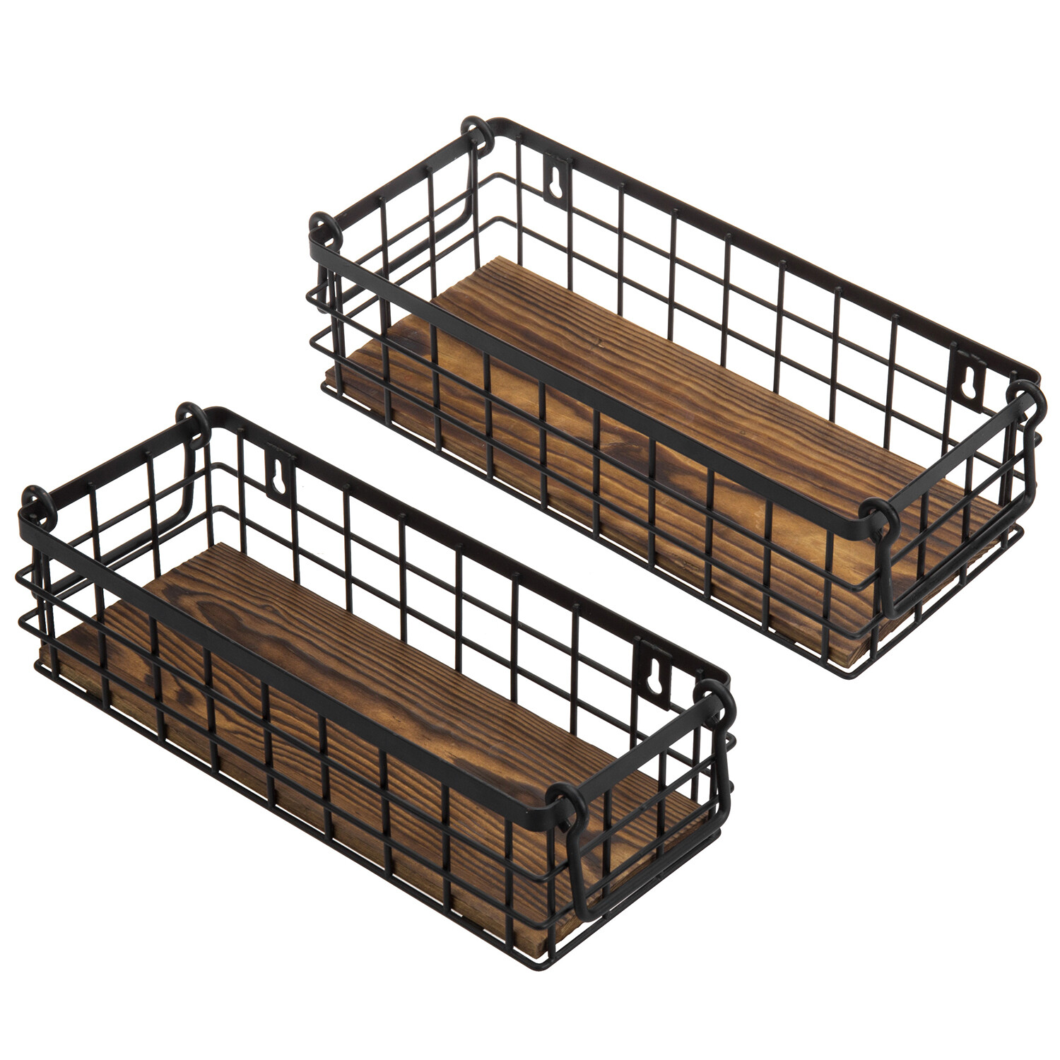 MyGift Set of 2 Black Metal Wire and Burnt Wood Storage Baskets with Handles