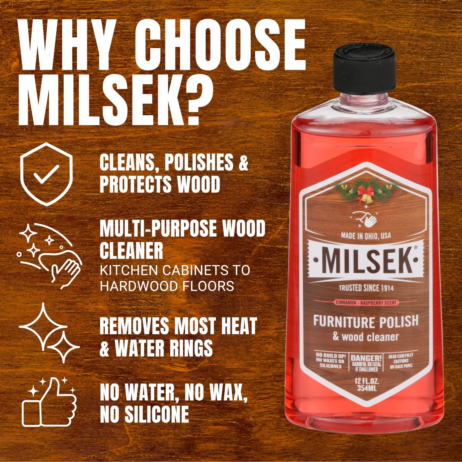 Milsek Furniture Polish and Wood Cleaner with Cinnamon Raspberry Scent for H…