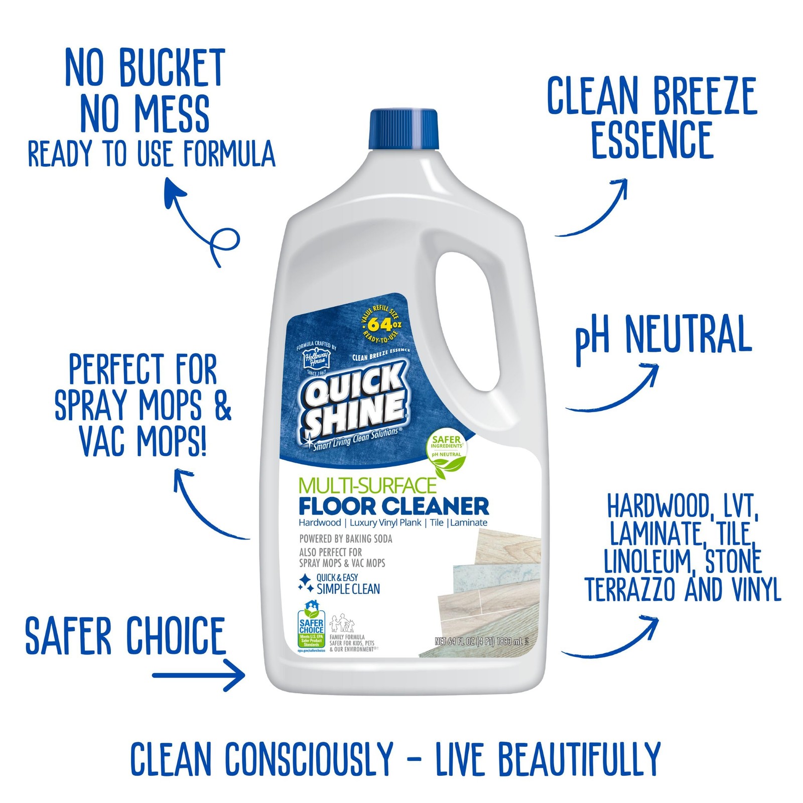 Quick Shine Multi Surface Floor Cleaner 64oz Ready to Use-Streak Free-No Rinse