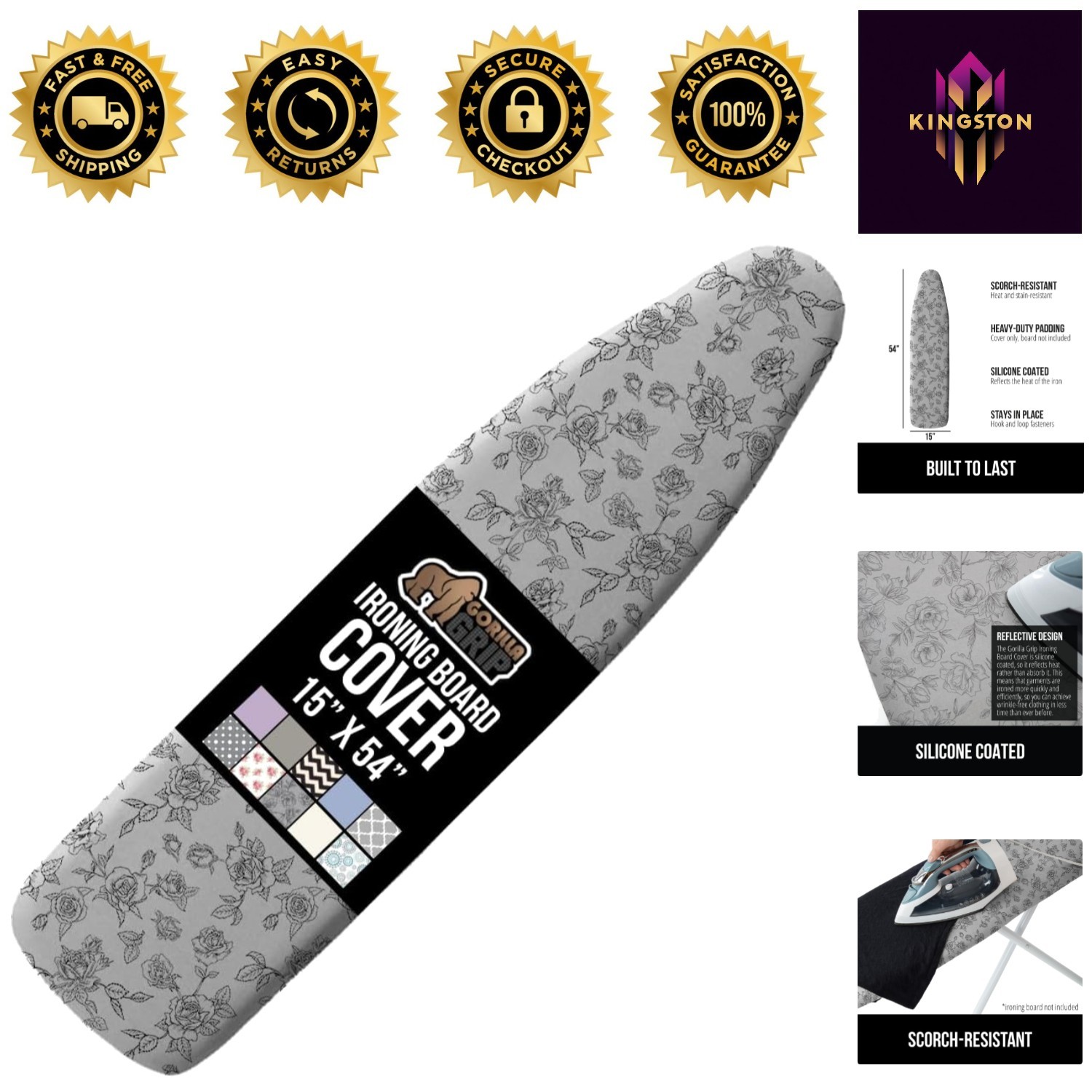 Scorch Resistant Ironing Board Cover with Strong Bungee Elastic – Floral