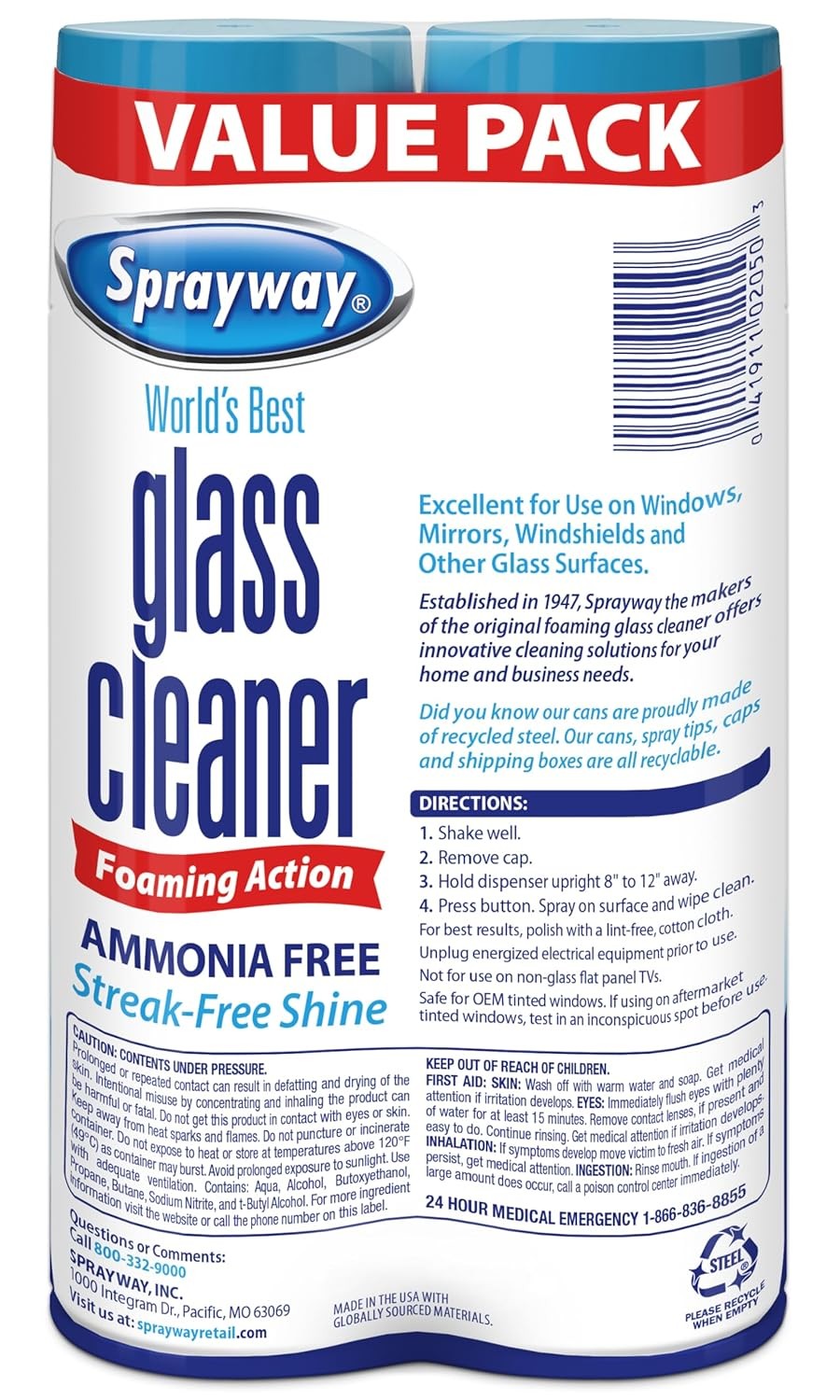 Sprayway Glass Cleaner Foaming Aerosol Spray 19oz Pack of 2 Ammonia-Free